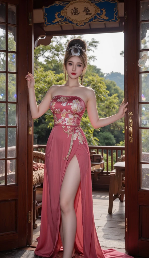 (masterpiece:1.4), (best quality:1.4), ultra high res, ultra high resolution, ((detailed facial features)), HDR, (realistic, photorealistic, photo-realistic:1.37), full body Esbian, sexy Vietnamese model, (-anime), vivid colors, ((vivid colors multicolor (red, pink) very short hair)), (happy smile), lip-gloss, long lashes, ultra detailed metallic makeup, defined eyebrows, wearing large sparkling colorful jewelery, wearing a red silk Paradise Kiss cosplay dress with black floral embroidery, ((vivid colors outfit)), vivid colors, look at the camera, cinematic light, large park background with trees, sweet and sexy pose