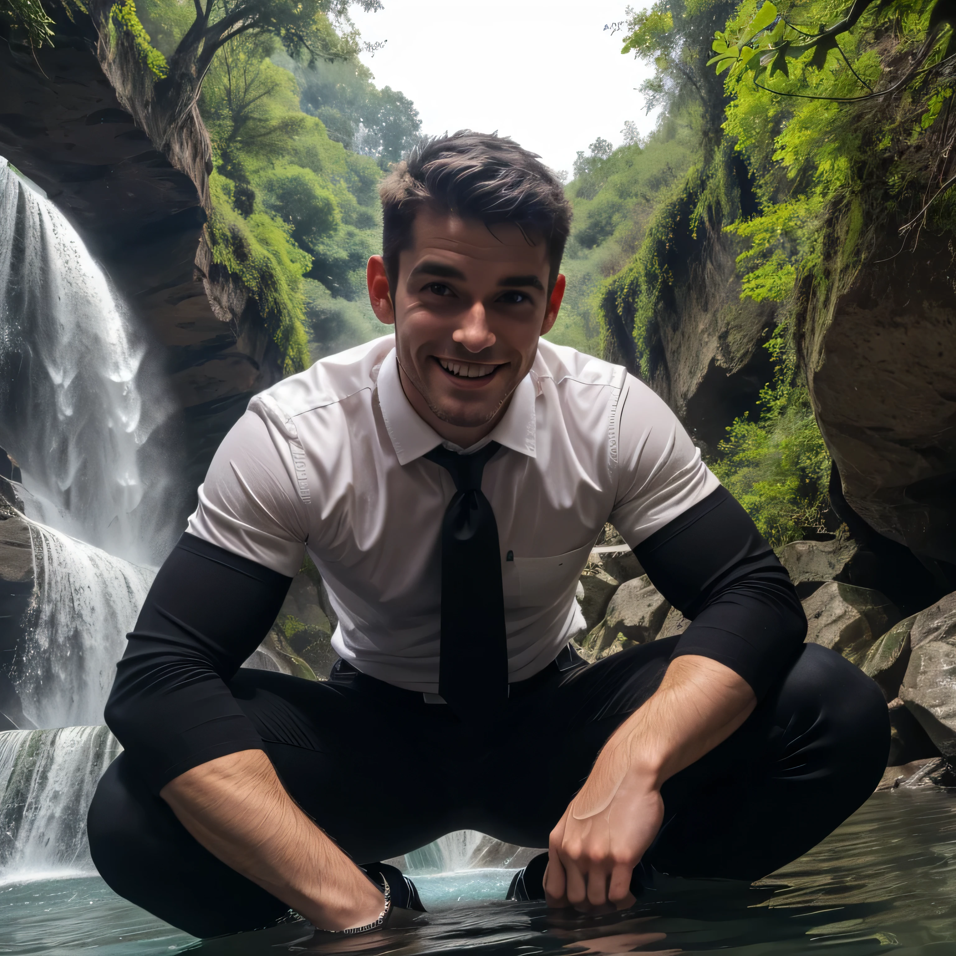 29 years old、handsome guy ,  2 guys,white shirt。black tie、 Gold、Short Hair、Natural short hair perm、 in the woods、waterfall slide　In the water、 as seen from below。　up your upper body 　 Menacing look　　black slim pants looking into the ocean　　 black gloves、　up your upper body　black slim pants　 as seen from below。　up your upper body　 American faces　　black slim pants looking into the ocean　　Dark Stubborn　up your upper body　　Dark Stubborn　Dark Stubborn　camera　Running up　Coming over here 　Crouching Smiling
