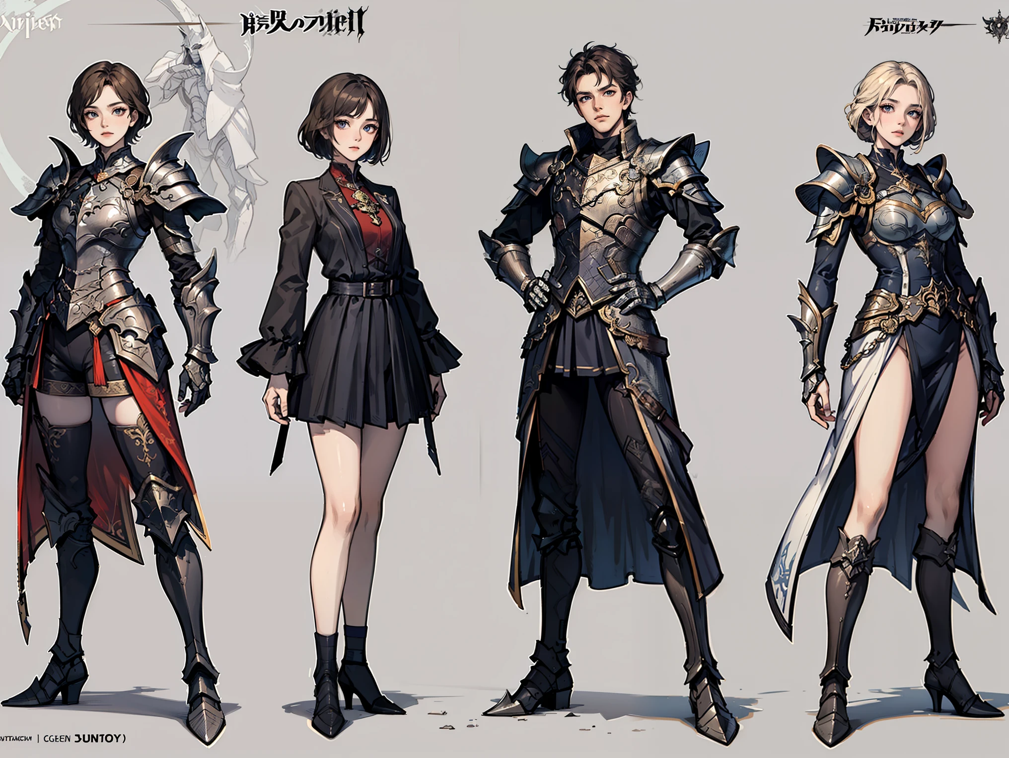 three unique protagonists in an outside rocks environment different calm poses, fantasy themed art and background, gang like pose, character selection like, elegant and intimidating, detailed full metal armor uncommon outfits, all full-body, characters sheet, cute theme,