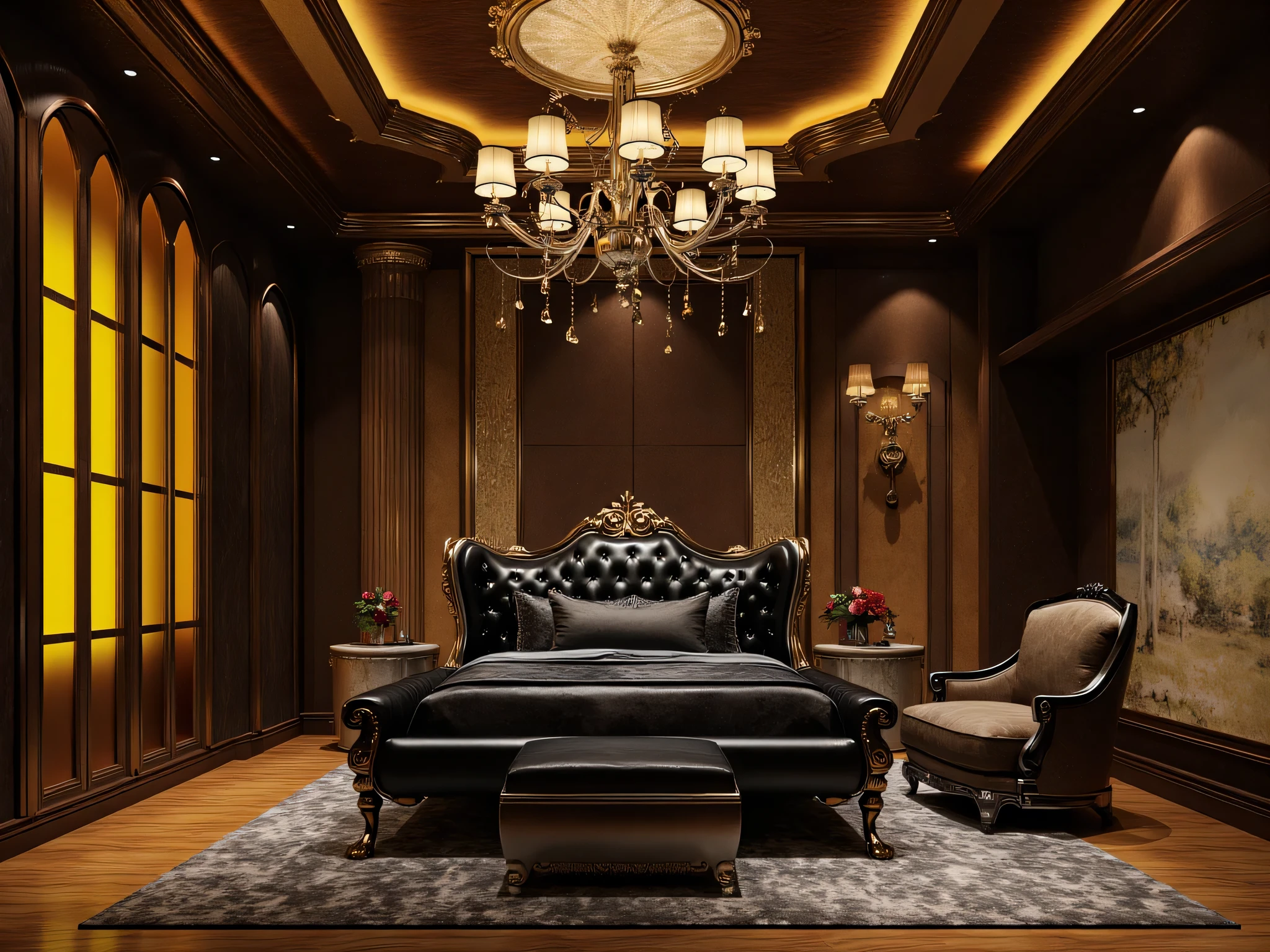 paint a luxurious 50 square meter bedroom, wooden door , wiggling screen chandelier layout, black leather bed tail chair, dog snail colored wood flooring, large wardrobe yellow light glass
