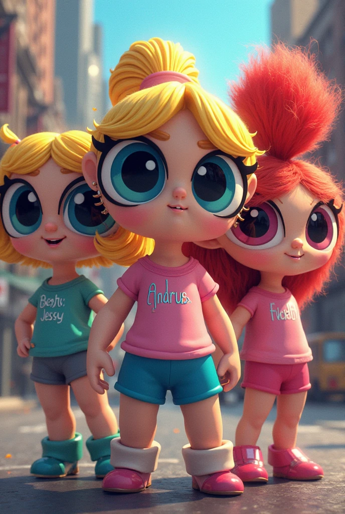 A person who looked like a pale doll with several buns on her head and a big smile running through the garden near the one with green hair and a diamond necklace, white underwear that said rock and roll and a black jacket with a diamond necklace, she was running 




