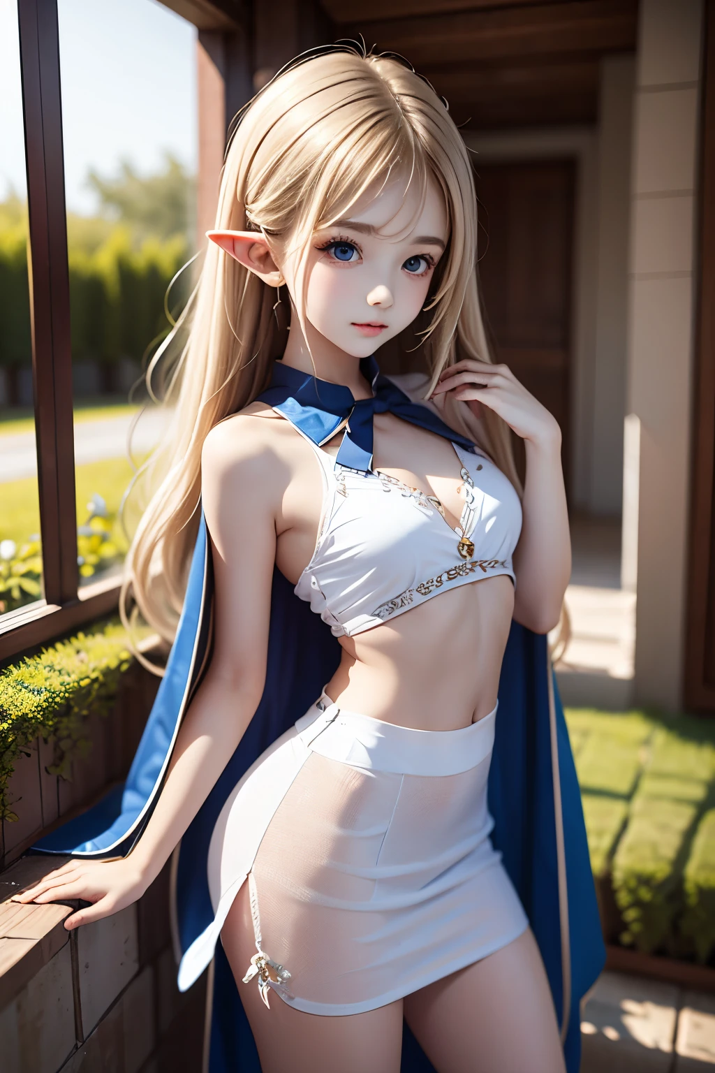 masterpiece,top quality,very detailed,photorealistic,realistic, Ultra High Resolution, Masterpiece,fantasy,Elf Girl,elegant,, very long blonde,thin,Completely,slender,(flat chest),so cute, gorgeous clothes ,hair ornament,gem,embroidery,cape,garden, correct handshake