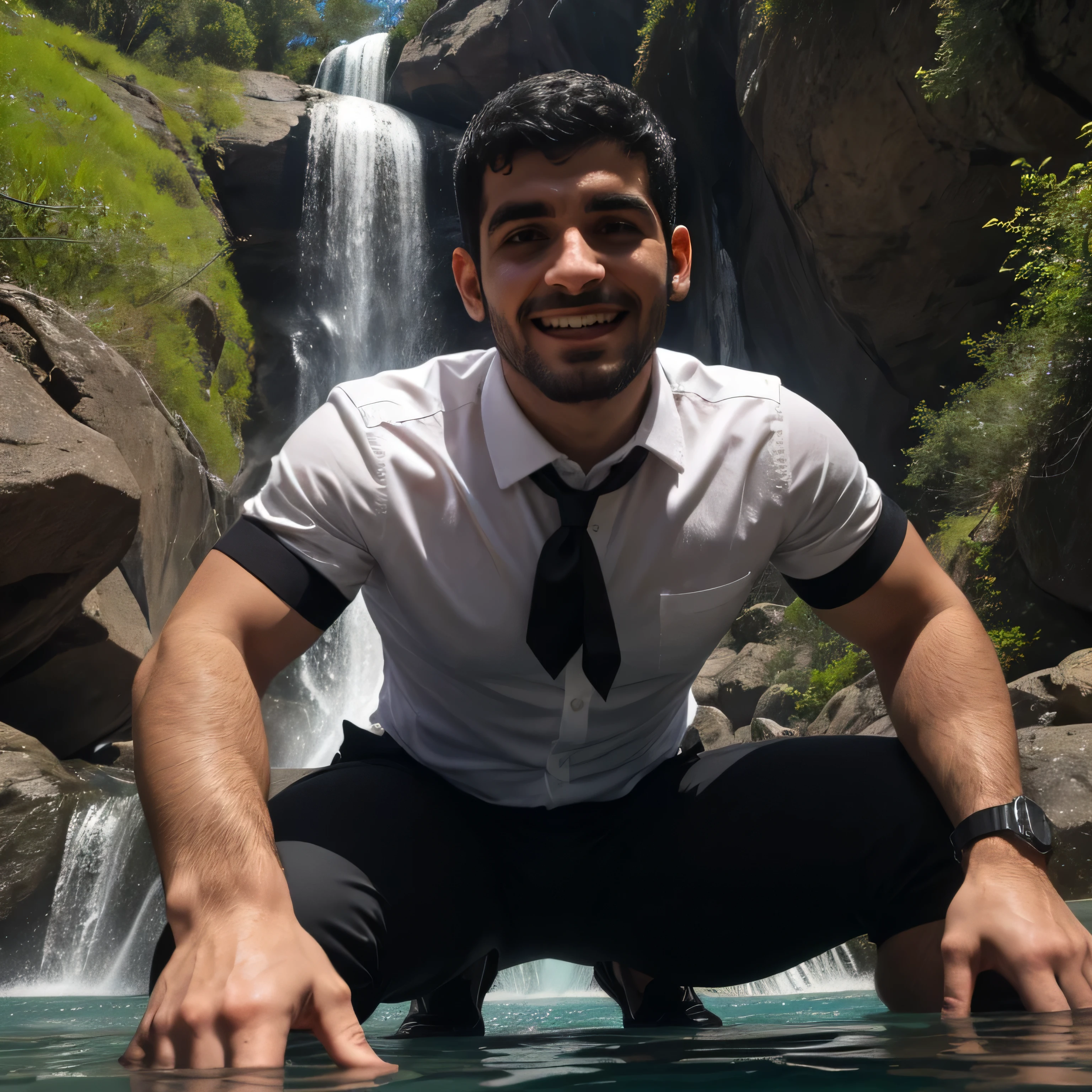 29 years old、handsome guy ,  2 guys,white shirt。black tie、 black hair、Short Hair、Natural short hair perm、 in the woods、waterfall slide　In the water、 as seen from below。　up your upper body 　 Menacing look　　black slim pants looking into the ocean　　 black gloves、　up your upper body　black slim pants　 as seen from below。　up your upper body　Iraqi Faces　　black slim pants looking into the ocean　　Dark Stubborn　up your upper body　　Dark Stubborn　Dark Stubborn　camera　Running up　Coming over here 　Crouching Smiling