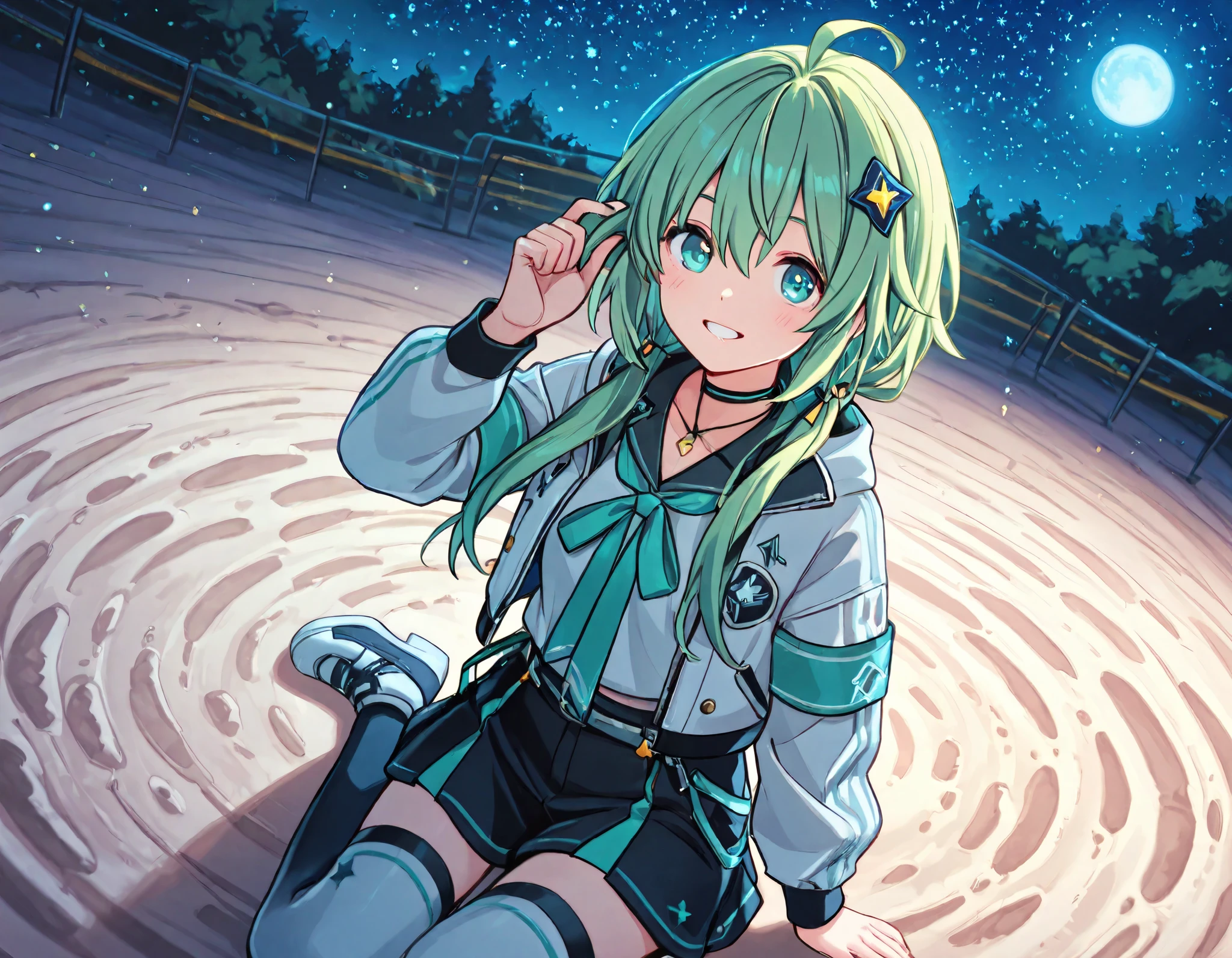 moon面着陸、stand on a crater、Raise a flag、universe服、green hair、 Remembrance Photo、universe、starry sky、moon、background(universe船)