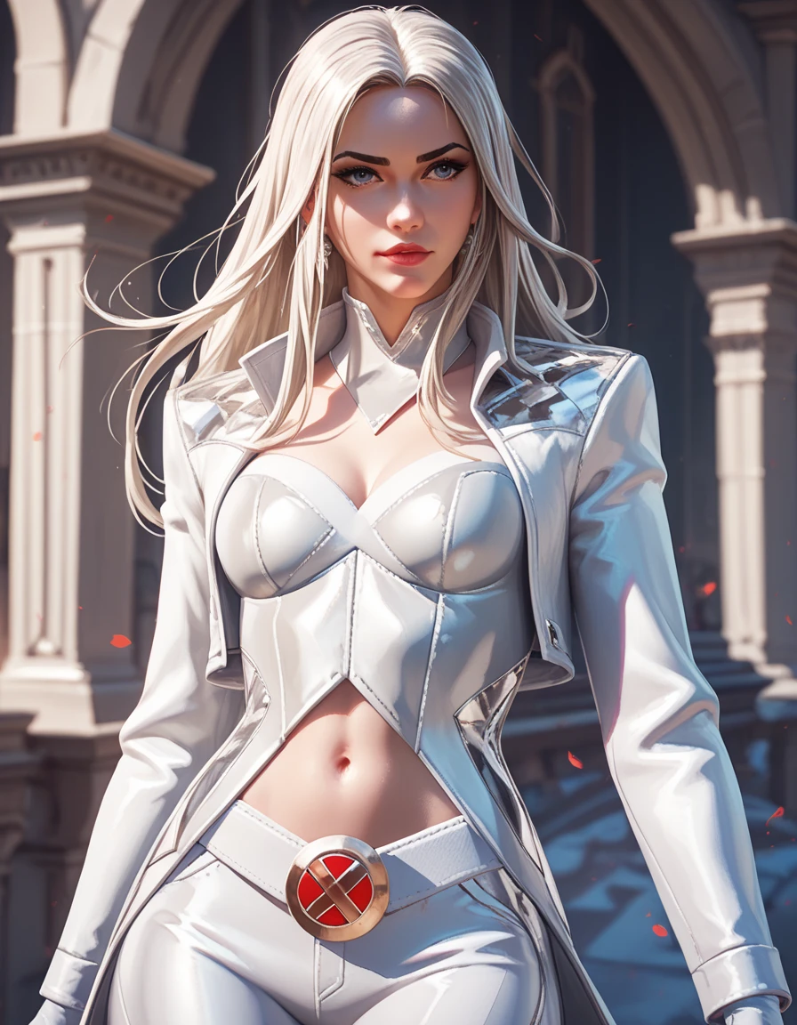 Albino, will have pale skin and blonde or platinum white hair. Eyes may be silver or pink, which will emphasize its uniqueness and mystery Superhero, modern super hero costume, white bat costume, style like a black bat suit and, white suit for girl, ninja, with a Chinese sword, Beautiful Chinese woman, Chinese woman with bangs, courageous character, Kind, Brave, determination, on the battlefield