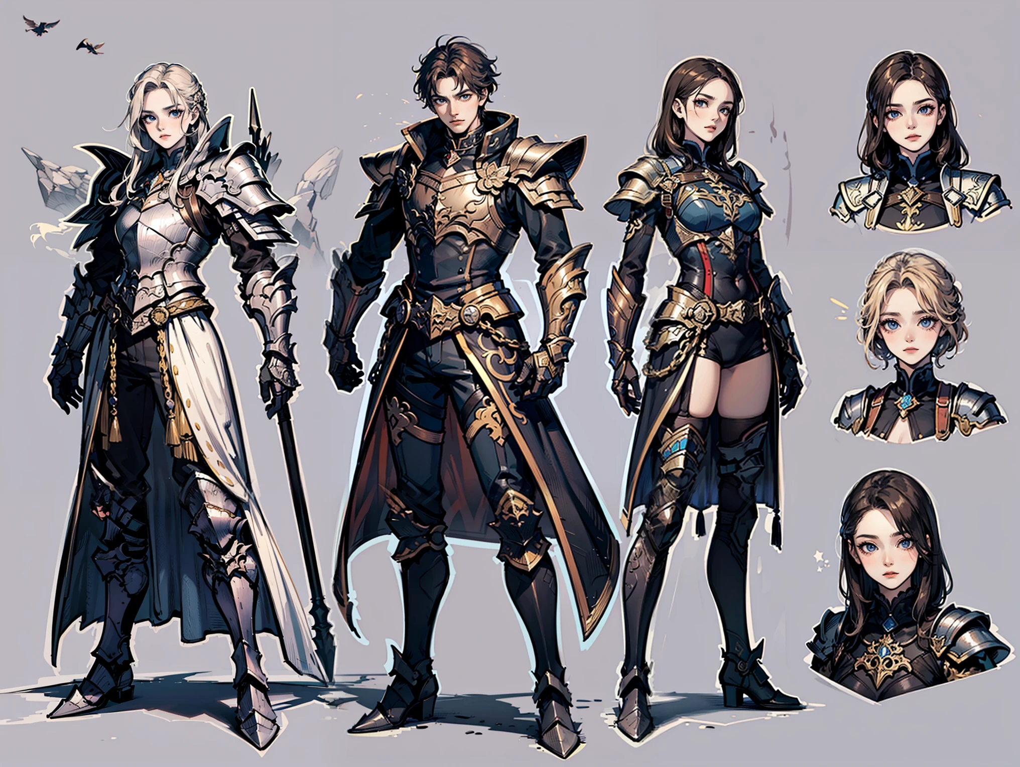 three unique protagonists in an outside rocks environment different calm poses, fantasy themed art and background, gang like pose, character selection like, elegant and intimidating, detailed full metal armor uncommon outfits, all full-body, characters sheet, cute theme,