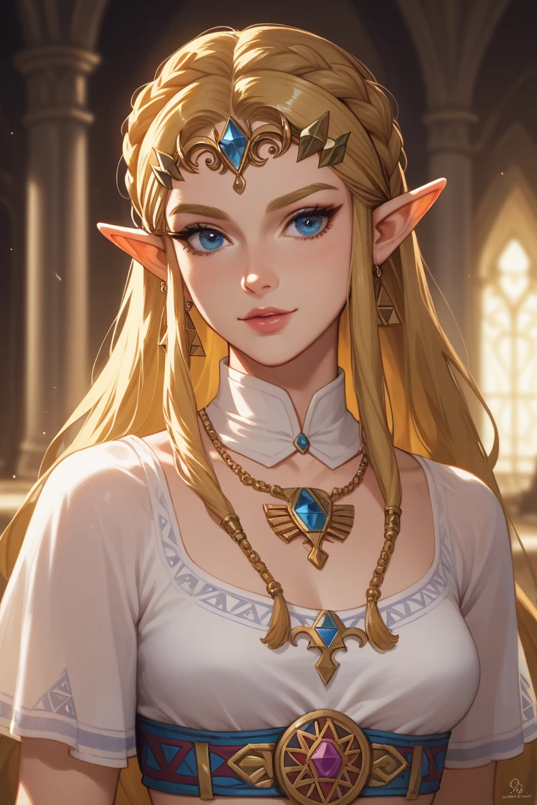 masterpiece, highres, photorealistic, best quality, 8k, best quality, ultra-detailed, perfect lighting, cinematic lighting, adult, mature, female, 1girl, solo, warm light, candle, evening, night, wood, tavern, feast, <lora:CHAR-ZeldaTP:0.6>, princess zelda, twpr, nintendo, the legend of zelda, purple robe, portrait, upper body, cleavage,