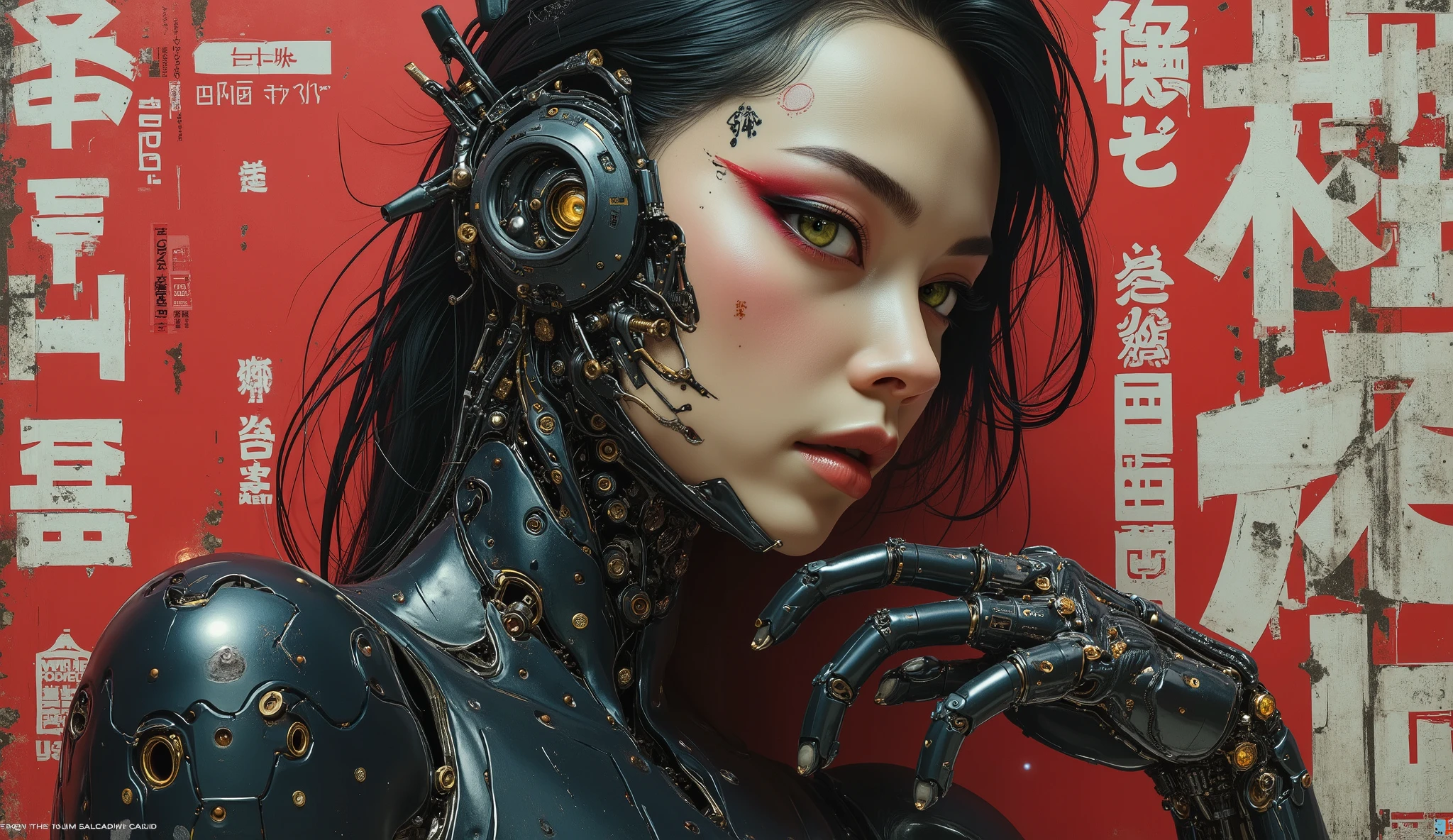 Exquisite 3D model of technological cyborg manga aimme, super soldier and concubine, amazing and iconic, masterpiece, spectacular 3D anime photorealism. score_9, introducing the stunningly gorgeous Yuko, a beautiful Chinese techno cyborg 3D anime human machine, two buns hairstyle, shot against a weathered red burnt rose wall, ripped and torn white distracted Chinese xiàngxíngzì letters, sexy animetion::1.6, worn black bodysuit, tight, C cup breasts, sleek matte black and red steel and black carbon fiber mechanical robotic neck, intricate detailing, her futuristic phantom shell has been designed by Hanka Robotics, a sexy synthetic human 3d anime cyborg girl geikobot, she is stunningly beautiful with an attractive face, (she has stunning white futuristic tattoos etched into a black metal frame, immaculate proportions, cute shinobi girls from Japanese sci-fi pop culture, perfect facial features, very alluring, Yuko is also a cyber supermodel, (((OMG her gorgeous stunning hazel green eyes))), green eyes, (intriguing, Enigmatic, intricate details with a retro futuristic gothic cyberpunk mechanical body, black Latex Tactical Tech Suit (Arnold rendering, Maya modeling, ZBrush, exquisite material design), 3D animated manga, created by the elusive Poison Pill (trip-p) project, lovrz-ovrdoz. Intricate details, style, spectacular artistic fusion, shallow depth of field, close-up. Stylish Japanese avant-garde technopunk anime, retro renaissance character art, neo-gothic cyberpunk, underground futuristic industrial anime. Balanced cinematic lighting, compensating noise, high contrast light, dramatic and intense, extraordinary and poetic symmetry, stylized proportions, flawless and balanced, framing.
