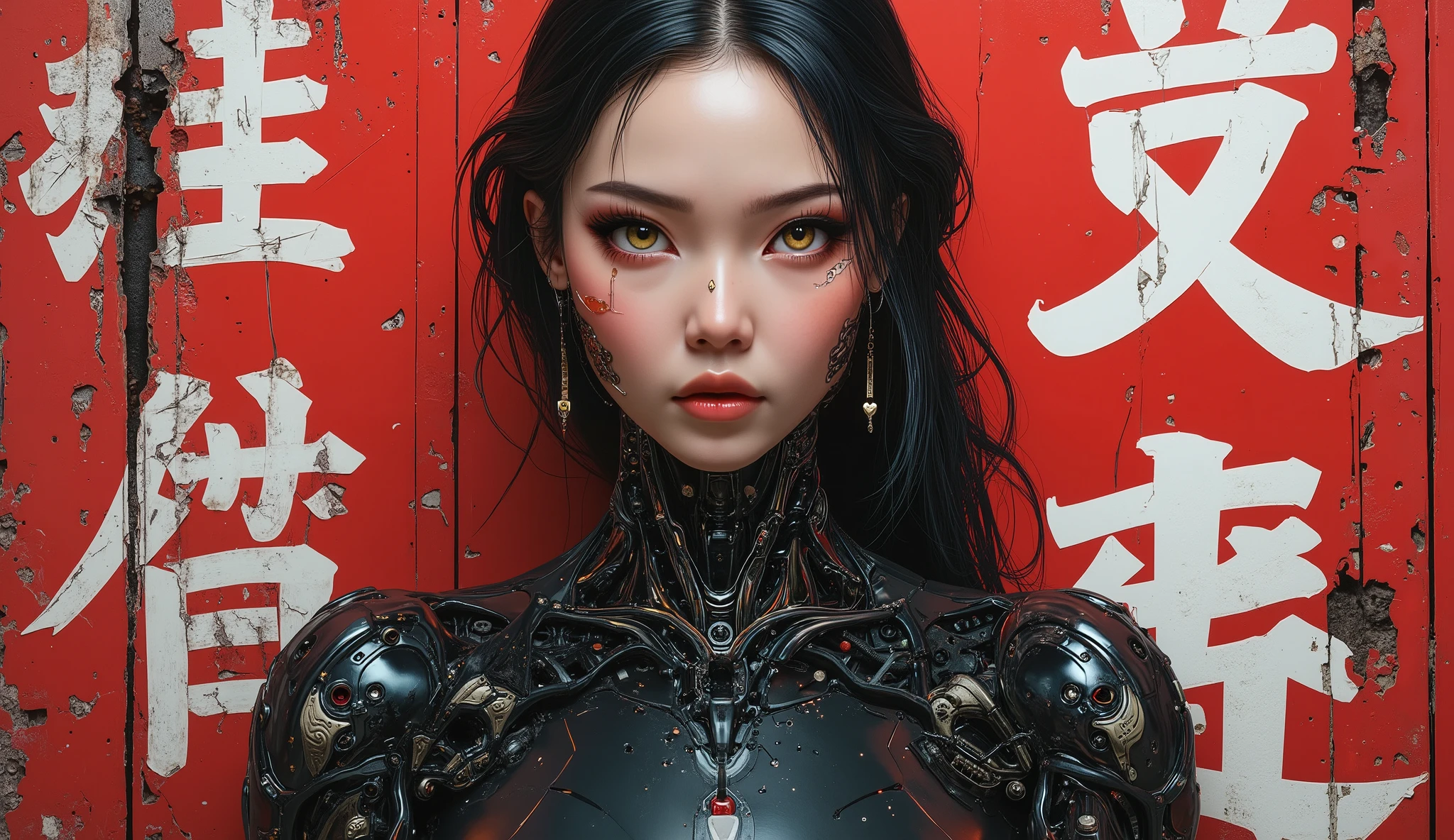 Exquisite 3D model of technological cyborg manga aimme, super soldier and concubine, amazing and iconic, masterpiece, spectacular 3D anime photorealism. score_9, introducing the stunningly gorgeous Yuko, a beautiful Chinese techno cyborg 3D anime human machine, two buns hairstyle, shot against a weathered red burnt rose wall, ripped and torn white distracted Chinese xiàngxíngzì letters, sexy animetion::1.6, worn black bodysuit, tight, C cup breasts, sleek matte black and red steel and black carbon fiber mechanical robotic neck, intricate detailing, her futuristic phantom shell has been designed by Hanka Robotics, a sexy synthetic human 3d anime cyborg girl geikobot, she is stunningly beautiful with an attractive face, (she has stunning white futuristic tattoos etched into a black metal frame, immaculate proportions, cute shinobi girls from Japanese sci-fi pop culture, perfect facial features, very alluring, Yuko is also a cyber supermodel, (((OMG her gorgeous stunning hazel green eyes))), green eyes, (intriguing, Enigmatic, intricate details with a retro futuristic gothic cyberpunk mechanical body, black Latex Tactical Tech Suit (Arnold rendering, Maya modeling, ZBrush, exquisite material design), 3D animated manga, created by the elusive Poison Pill (trip-p) project, lovrz-ovrdoz. Intricate details, style, spectacular artistic fusion, shallow depth of field, close-up. Stylish Japanese avant-garde technopunk anime, retro renaissance character art, neo-gothic cyberpunk, underground futuristic industrial anime. Balanced cinematic lighting, compensating noise, high contrast light, dramatic and intense, extraordinary and poetic symmetry, stylized proportions, flawless and balanced, framing.