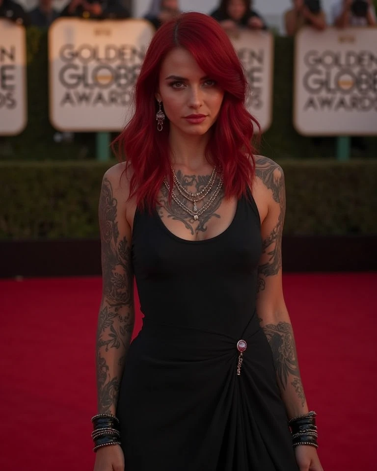a close up of 1girl in a red dress with tattoos on her chest, (tipo de cuerpo pequeño:1.1), (petite body), multiple angles, charli xcx, ava max, bella poarch, she looks like a mix of grimes, charli bowater, sexy look, billie eilish, madison beer as leeloo, portrait of kim petras, 18 years old, the super hot and sexy, looks a blend of grimes
