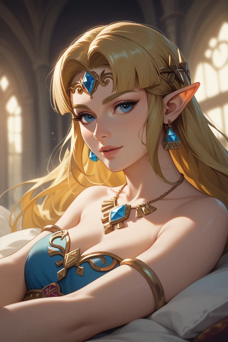 Princess Zelda ((masterpiece)), (illustration), ((best quality)), rainbow color, high resolution illustration, Amazing, highres, intricate detail, extremely detailed CG unity 8k wallpaper ((zelda)), small breast, upper_body, naked, (delicate cute face), long blonde hair, infatuation, (green eyes), NSFW, moonlight, night, bed