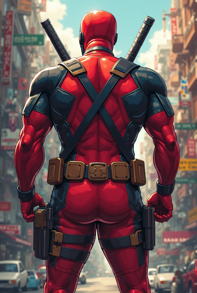 Animated Deadpool merges with the God Kronos. without cape, with a dollar backer around, looking at themselves in a window 