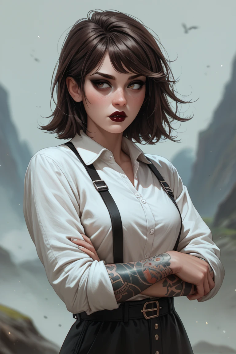 Captivating portrait of a nerdy female person with glasses, showcasing a unique and confident style, striking combination of elements, black skirt adding elegance, (bold:1.2), (expressive:1.1), (distinctive fashion:1.1), (powerful presence:1.1), (self-assured:1.1), (alluring gaze:1.1), (modern aesthetic:1.1), (blue lips as a statement:1.1), (engaging composition:1.1), (8k resolution), (face:1.3),(masterpiece quality), by Greg Rutkowski