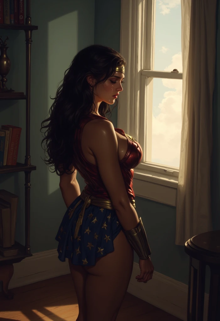 A real photograph of a woman like Gal Gadot in a bra in the bedroom, with a huge ass, on her back, whole body --auto --s2
