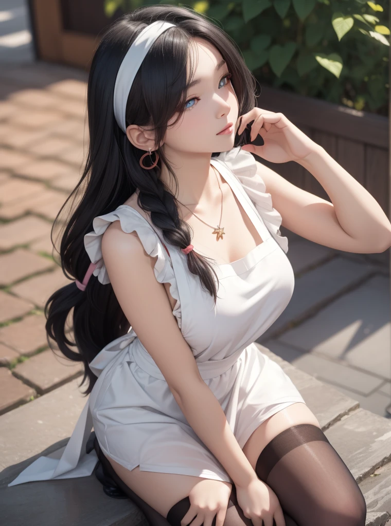 masterpiece, highest quality, One Girl, Thighs, beautiful girl, Flowers, たくさんの小さなflowerびら, flower、Small waist, RAWphotograph,Bright lighting、Face Light, Ultra-realistic, High resolution, photograph, Sharp focus, Highly detailed eyes and face,Symmetrical face, whole body、Large Breasts、Long Hair、チラリと見えるThighs、Cleavage、Red Micro andals、White lace shirt、Sleeveless、Her hair was tied with a big red ribbon、White high heels、After bath、Public bath、I see white pants、Fanning with a fan、Sit on the veranda with your legs apart