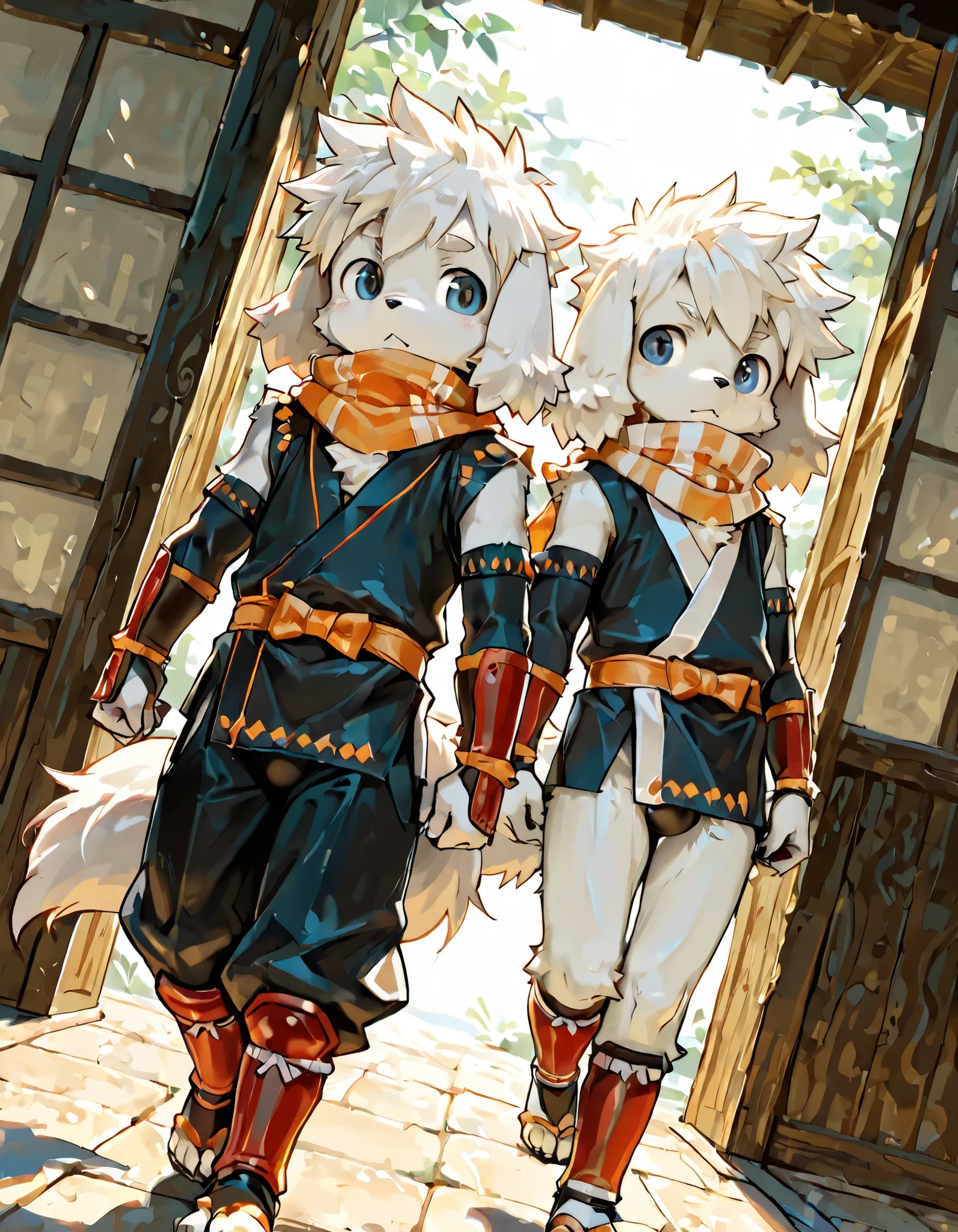 kemoshota furry boys, best quality,best resolution,(fluffy anthro furry :1.6),(young :1.6), 2 boys, white dog boy, short-height, dynamic angle, scarf, tail, ninja, furry ears, from dogs point of view, open legs, panache(summmon night)