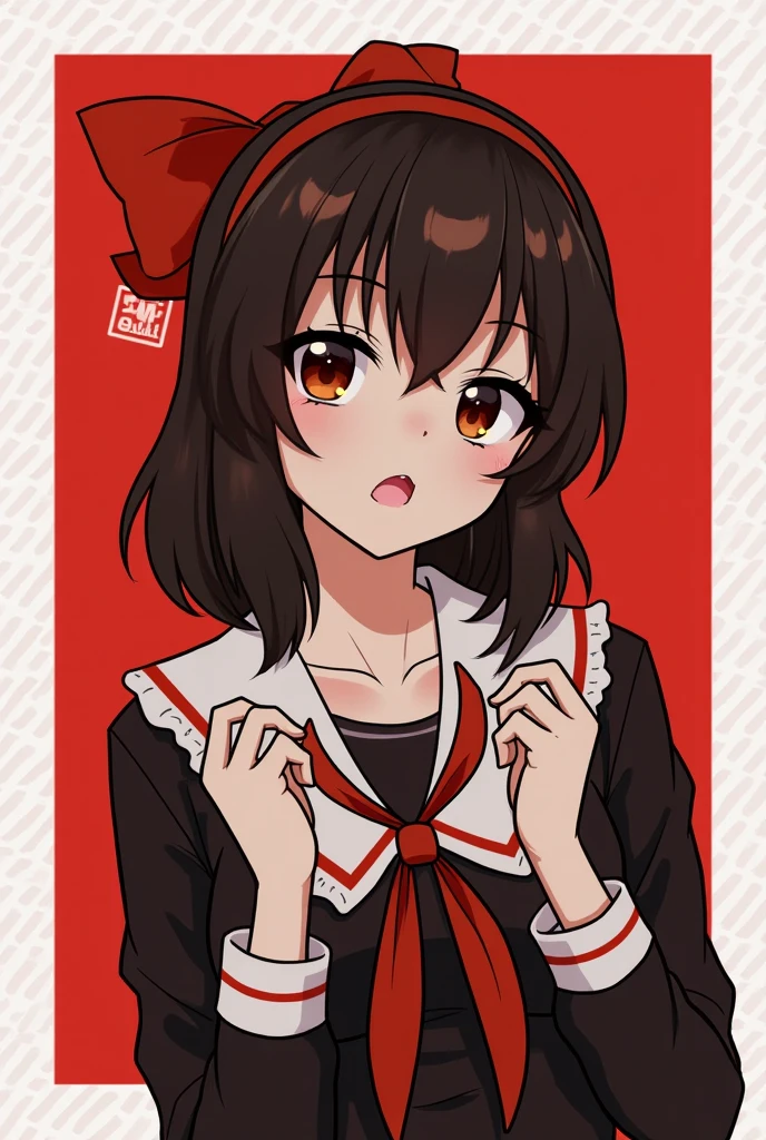 score_9, score_6_climb, source_anime, 1 girl, alone, climbper body, Shinomiya Kaguya, conjunctivitis, black hair, hair ribbon, black dress, white sailor collar, Neck ribbon, red ribbon, Put your hand on your chin., Heart-shaped eyes, no pclimbils, smile softly, tooth, tsurime, red background , stick out your tongue