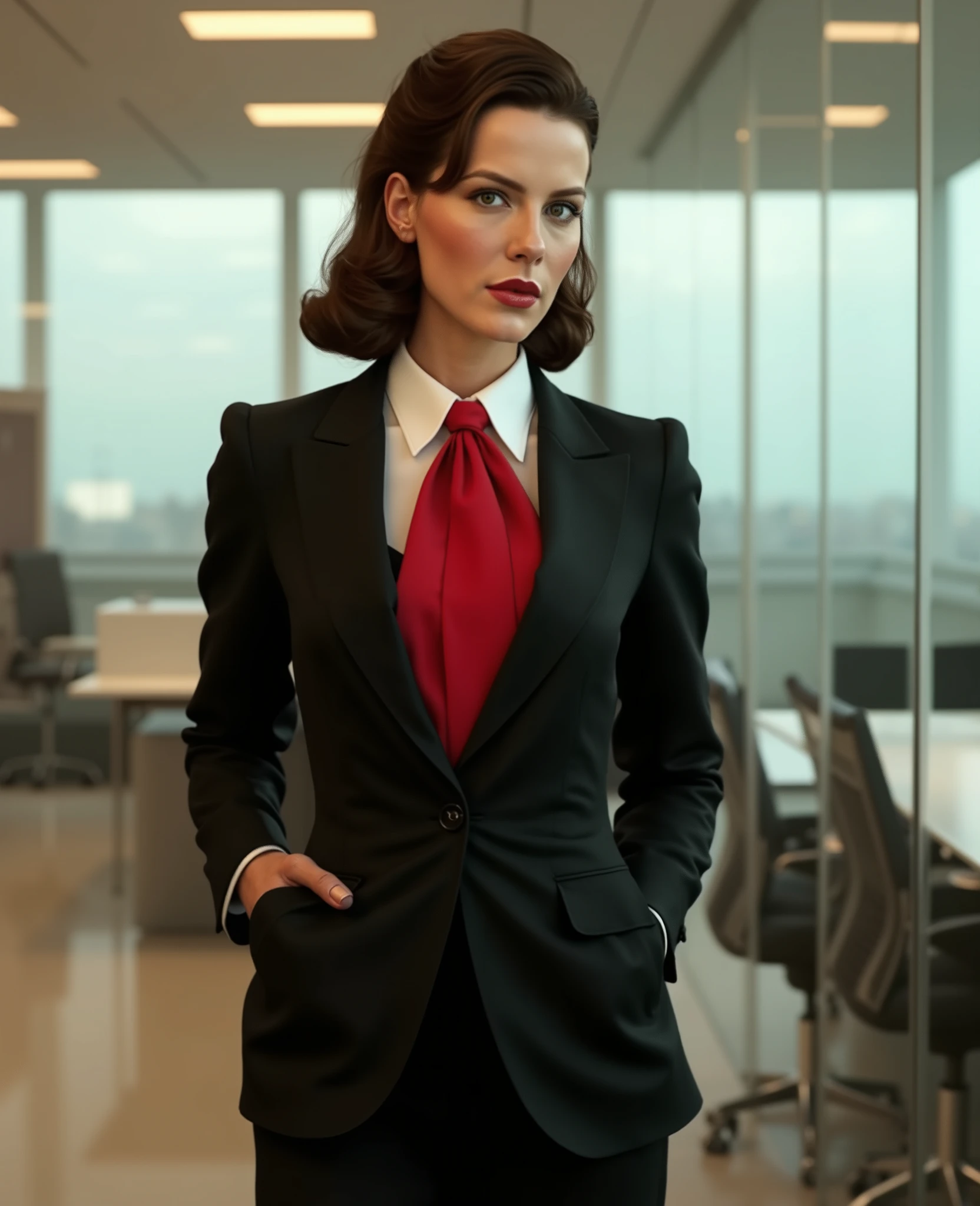 ohwx woman in retro style,  in a black jacket and a red tie, in the office against the background of glass partitions