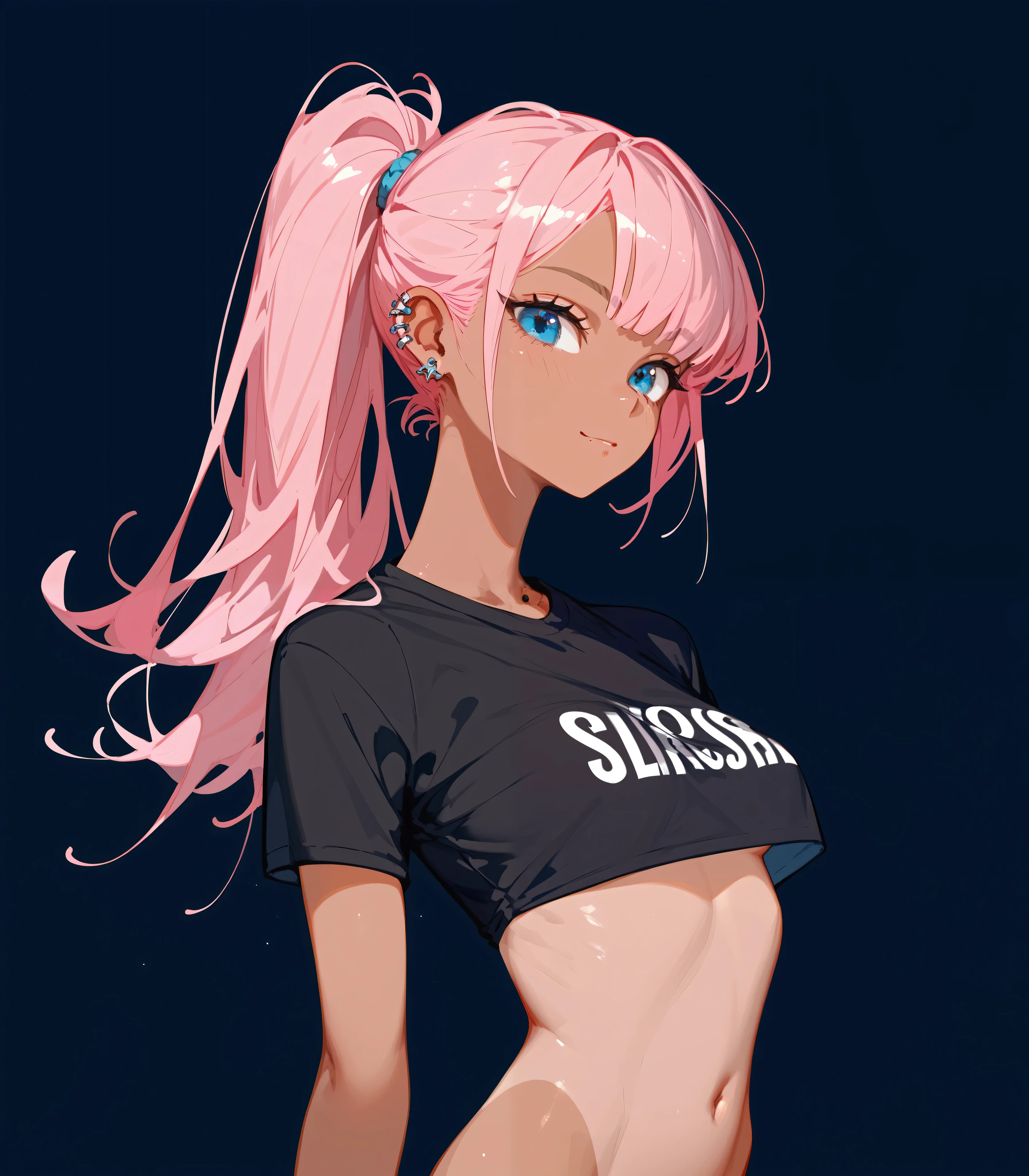 girl,Tanned, in blue eyes, Pink Hair, ponytail, medium chest,Ear Piercing, Slim ,Flat stomach,girlเกล, Black student shirt ,