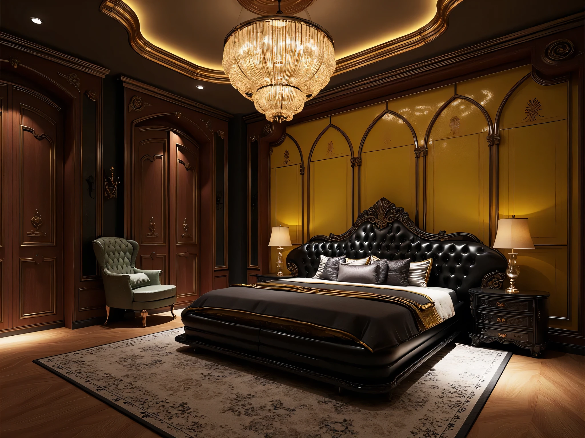 paint a luxurious 50 square meter bedroom, wooden door , wiggling screen chandelier layout, black leather bed tail chair, dog snail colored wood flooring, large wardrobe yellow light glass