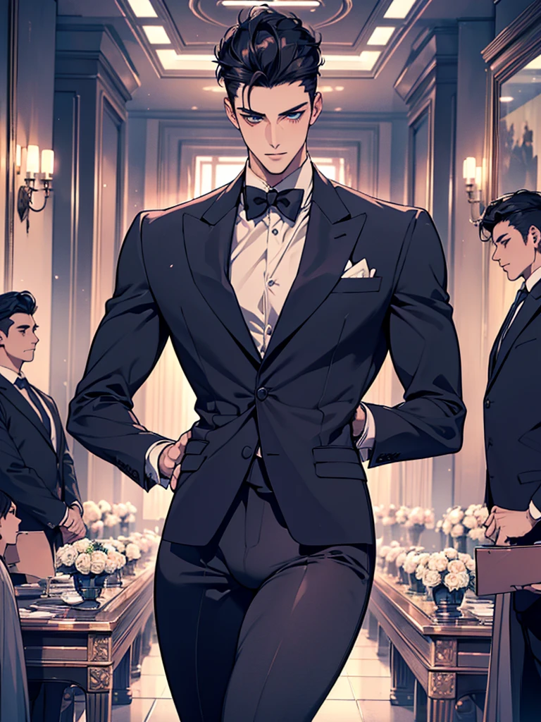 NSFW、​masterpiece、A highly detailed、profetional lighting、pretty skin、illustratio、4 men、gay、perspiring、slutty clothes、teats、pene、buttock、Insert into the buttockasturbation 、Rubbing the、Crowds、gargantilha、A dark-haired、short-haired、luxury hotel、Standing Party、pierced nipple、 piercing、natta、a bow tie、bunny、smil、gentleman、