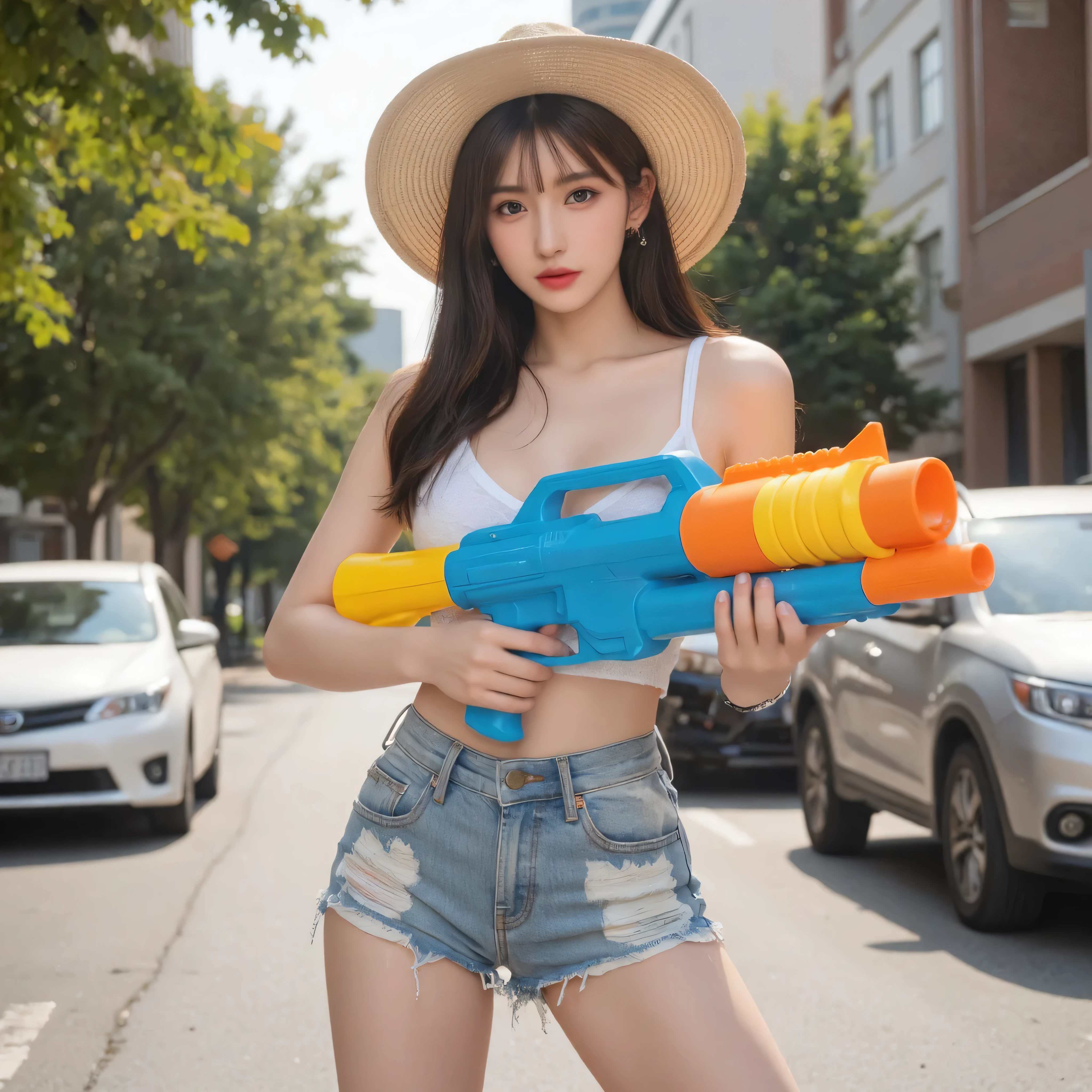 sexy girl with a hat holding a toy watergun