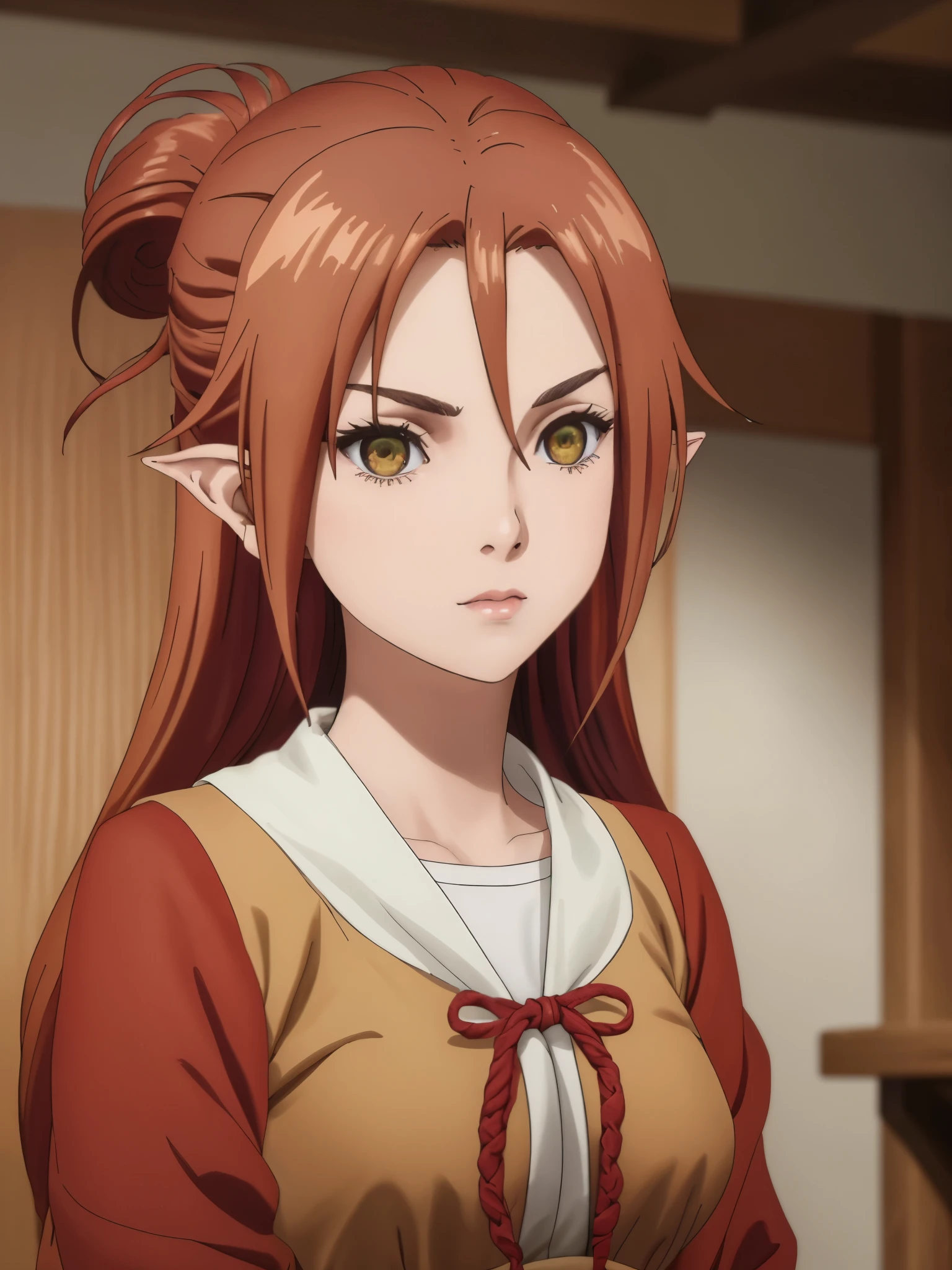 Mawar Kusa Dala is a -yeld fee with a height of 168 cm, embodying a unique mix of Indonesian, Japanese, and English heritage. Her phenotype combines Deutro Malayid, Choshiu, and Anglo-Saxon traits (source: humanphenotypes.net), highlighted by her distinctive elf-like ears. Her olive-toned skin (Fitzpatrick Type 3) complements her vibrant red hair and amber eyes, which feature double eyelids, an upturned shape, and proportional sizing. Her face showcases a harmonious blend of her mixed heritage, with a concave nasal bridge, pointed tip, and medium-width nose. Her medium-sized, arched eyebrows and medium-sized, Cupid’s bow lips with a slight downturn enhance her unique appearance. Mawar’s expression reflects her personality, which is a mix of confidence and subtle shyness. Her hairstyle is inspired by Kawasegawa Eiko, styled in a refined yet traditional manner. She wears a simple yet graceful red Indonesian traditional outfit, perfectly suited for the medieval era. The background features traditional wooden walls from the medieval period, bathed in soft, natural morning light. The focus is on her upper body, from head to waist, with her amber eyes gazing directly at the viewer. The mood captures her cultural authenticity and personality, blending seriousness with a hint of warmth. The scene avoids any modern or anachronistic elements, ensuring a pure medieval atmosphere.