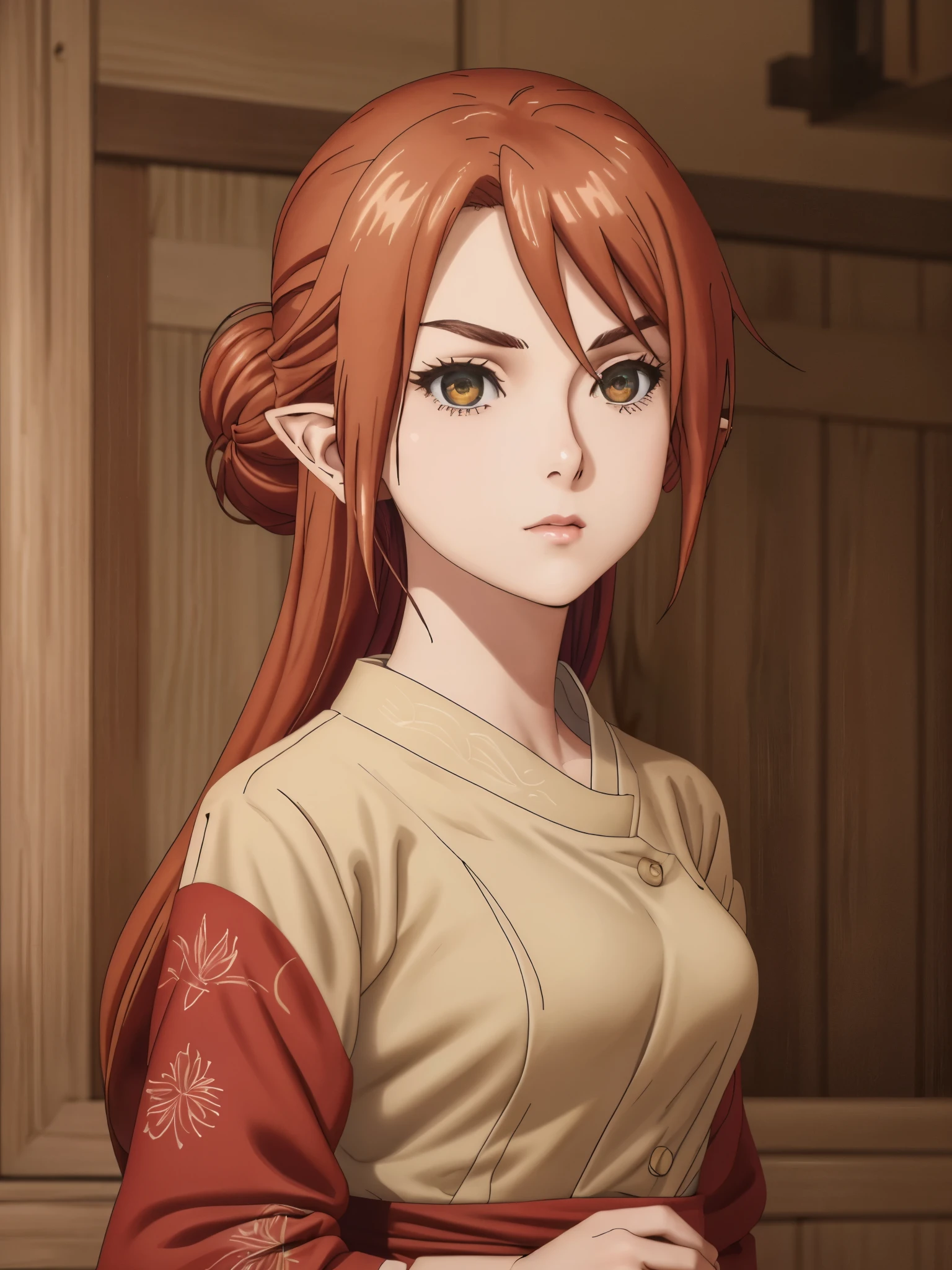 Mawar Kusa Dala is a -yeld fee with a height of 168 cm, embodying a unique mix of Indonesian, Japanese, and English heritage. Her phenotype combines Deutro Malayid, Choshiu, and Anglo-Saxon traits (source: humanphenotypes.net), highlighted by her distinctive elf-like ears. Her olive-toned skin (Fitzpatrick Type 3) complements her vibrant red hair and amber eyes, which feature double eyelids, an upturned shape, and proportional sizing. Her face showcases a harmonious blend of her mixed heritage, with a concave nasal bridge, pointed tip, and medium-width nose. Her medium-sized, arched eyebrows and medium-sized, Cupid’s bow lips with a slight downturn enhance her unique appearance. Mawar’s expression reflects her personality, which is a mix of confidence and subtle shyness. Her hairstyle is inspired by Kawasegawa Eiko, styled in a refined yet traditional manner. She wears a simple yet graceful red Indonesian traditional outfit, perfectly suited for the medieval era. The background features traditional wooden walls from the medieval period, bathed in soft, natural morning light. The focus is on her upper body, from head to waist, with her amber eyes gazing directly at the viewer. The mood captures her cultural authenticity and personality, blending seriousness with a hint of warmth. The scene avoids any modern or anachronistic elements, ensuring a pure medieval atmosphere.