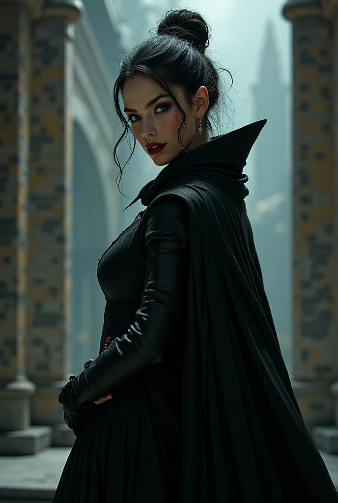 Fantasy art, Gothic art, (masterpiece:1.5), whole body, best details, very detailed, Best quality, glowing purple, a high resolution, Full-length portrait of a vampire, elf (masterpiece, Best quality: 1.6), ultra feminine, Wizard, (complex parts, masterpiece, Best quality: 1.5) with long, curly hair,  black hair hair, (red: 1.2) eyes, (Fantasy art, masterpiece, Best quality), ((Beautiful gentle face)), Ultra detailed face (complex parts, Fantasy art, masterpiece, Best quality: 1.5), [[vampire fangs 1.5]] (red cloak: 1.3) , flowing cloak (complex parts, Fantasy art, masterpiece, Best quality: 1.3), wear fancy clothes (BLUE:1.3) dress (complex parts, Fantasy art, masterpiece, Best quality: 1.5), high heel boots, City background (rich details, play up the details), Fantasy, In the Night Light, natural ,Moonlight, clouds, Gothic atmosphere, soft light, dynamic light, [[Anatomically correct]], high detail, Best quality, 8 K, [Ultra detailed], masterpiece, Best quality, (extremely detailed), Dynamic angle