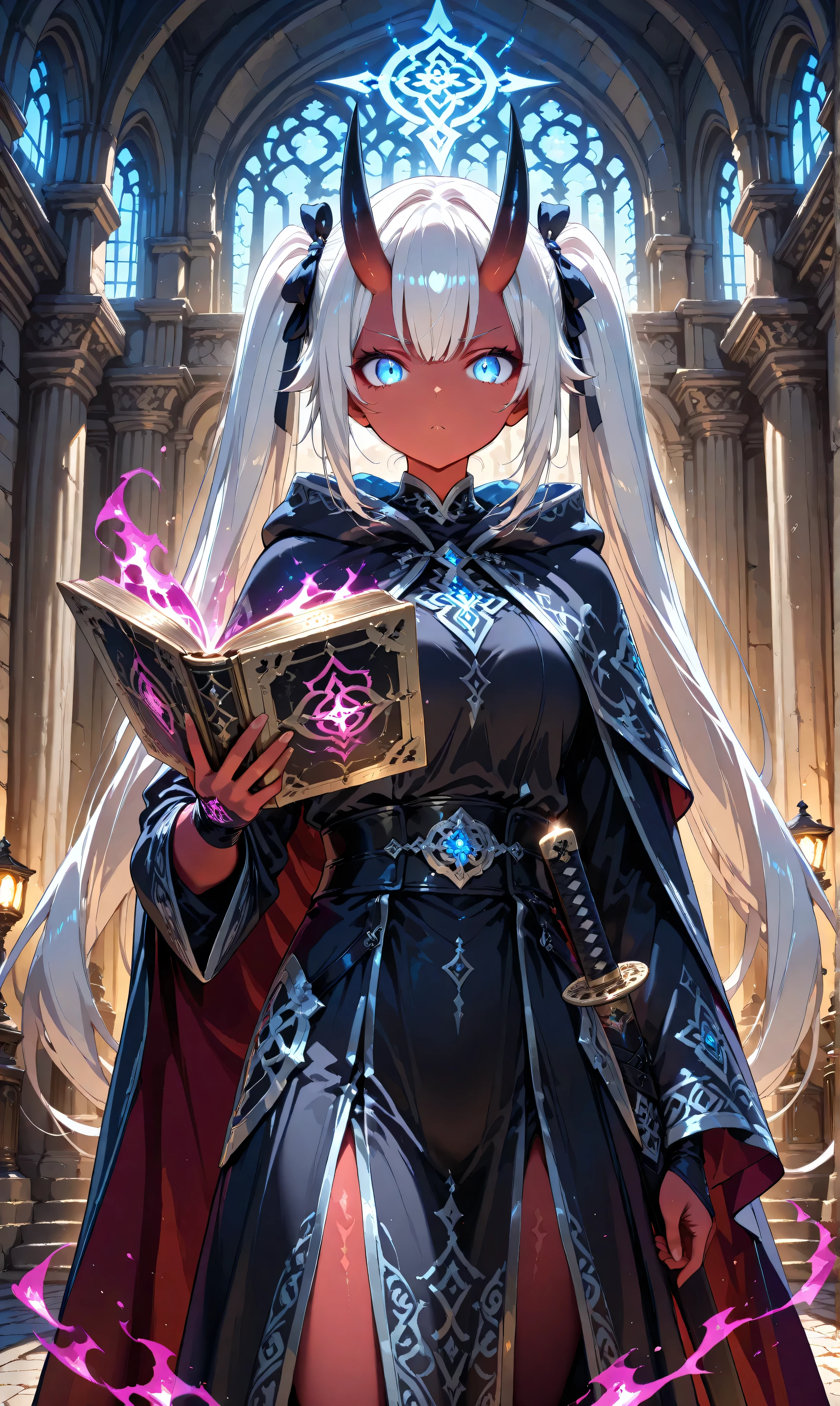 masterpiece, best quality, very aesthetic, engraved, (Watercolor: 0.4), (Pastel: 0.6), two separate girls adventuring in a dungeon, each grasping a forbidden ancient tome imprisoning a demon, glowing with a sinister aura and radiating a poisonous vibe, left side: short stature human, jet black long twin tails with faint white highlights tied with a ribbon, wearing a black hooded cloak with silver runes embroidered, blue eyes open with a wary expression, holding the radiant, toxic book in one hand and an engraved katana in the other, right side: tall stature Aka-Oni, red skin, smooth horns, black horns, jet black long twin tails with faint white highlights tied with a ribbon, wearing a black hooded cloak with silver runes embroidered, blue eyes open with a fierce look, holding the glowing, venomous tome in one hand and an engraved katana in the other, dungeon background with flickering torchlight