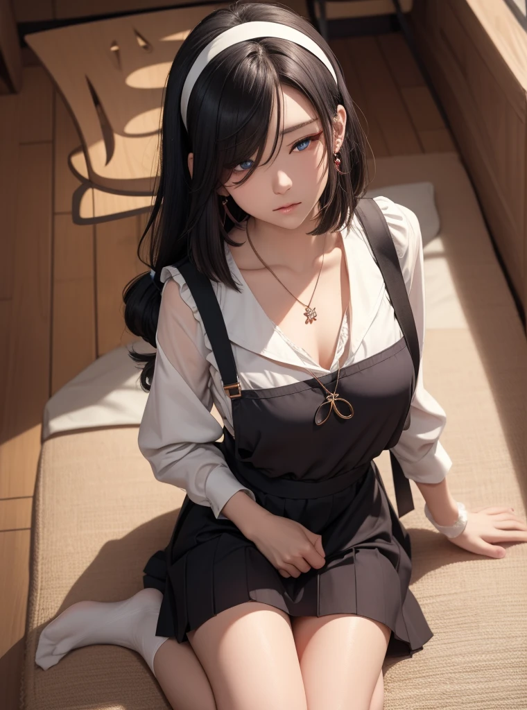 masterpiece, highly detailed, best quality, 1girl, solo, Luna, black hair, red eyes, blunt bangs, black clothes from the middle ages 