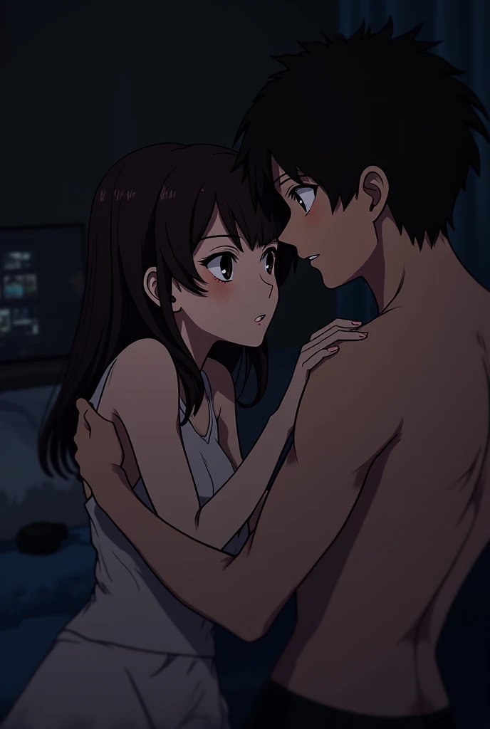 1girl, black hair,nude, vagina, lying, cowboy shot, 1boy buzzcut, muscular, lying, boy front of girl, hug, hugging, passionate hug,body to body, pelvic to pelvic, face to face, girl's arms up, boy hold girl's arms, camershot at behind boy's back, naked, penis, penetration, bedsheet, missionary sex,