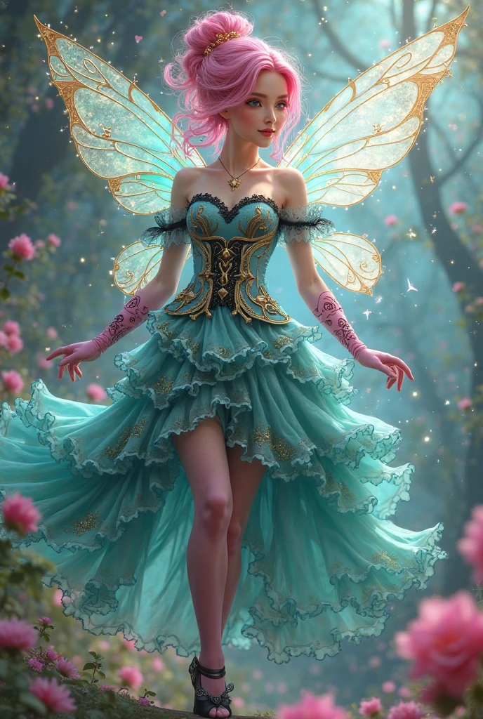 fotorealistic full body shot closeup of a magical fairy in a futuristic neon colours midnigh forest with every flower imaginable, clean sharp, person photography Expansive landscapes