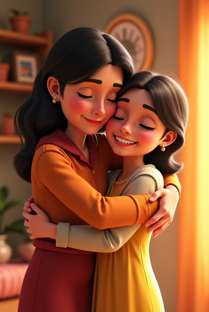 Create Disney Pixar Image, two friends hugging 3d a chubby one, brunette skin, black short hair, white blouse and black denim shorts, flip flop, relogio no pulso, And the other woman, skinny, Caucasian skin, hair long black, Eyeglasses, redgown, black high sandals, Bracelet & Watch 