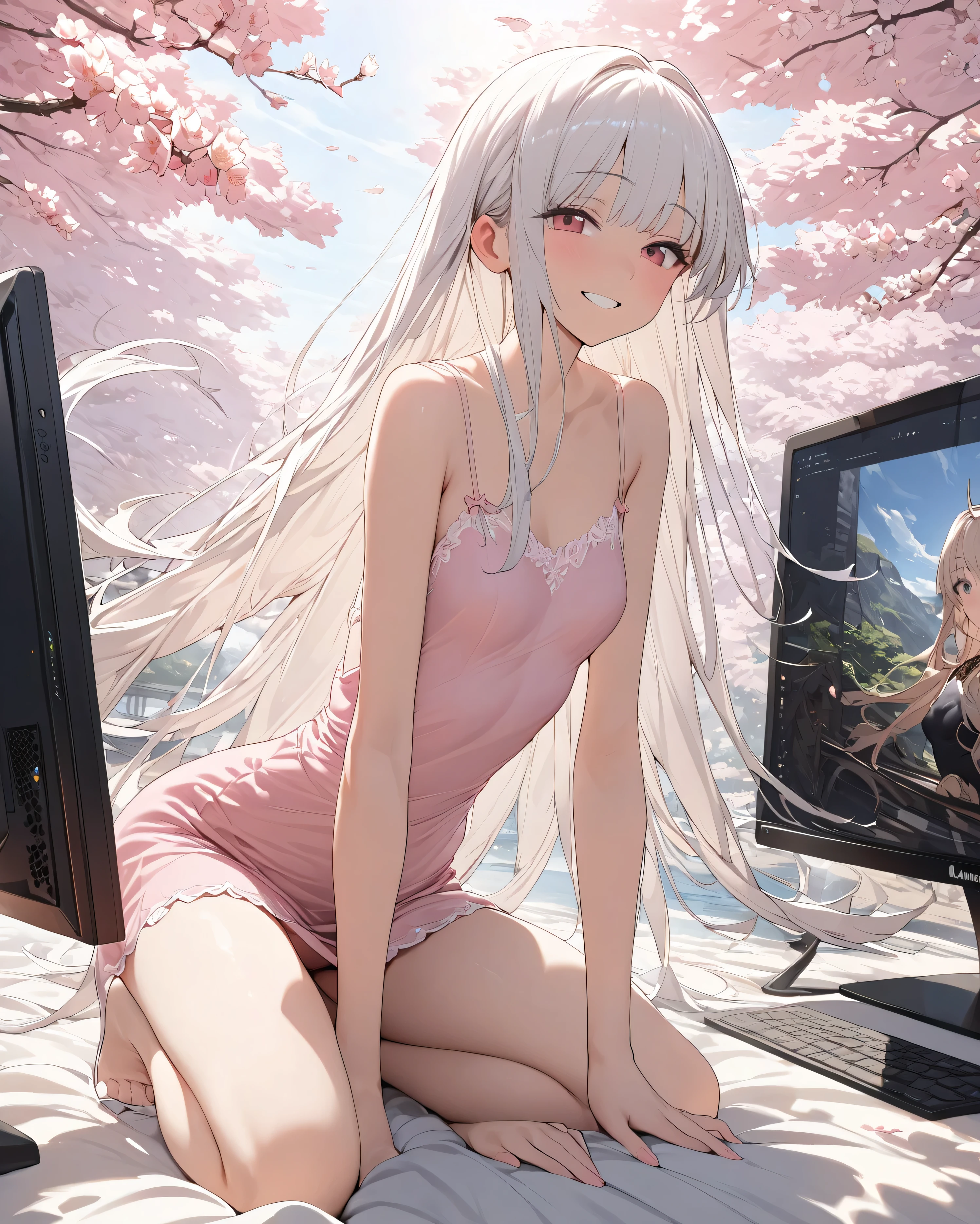(( sister shown on PC monitor:1.3))、Picture of the monitor、(masterpiece, top quality, very beautiful, full body、complicated、4K、 illustration of a woman with a penis ), (),(cowboy shooting),(cherry blossoms),(Hair and dress fluttering in the wind)、,()(Smile lightly),(cute)、( attractive)、(Ethereal and beautiful),(head tilt),( slim),Intricate details, 1 Female,alone,( radiant and gentle woman)、(beautiful woman)、(),(long white hair)、Stand、( pink camisole),,side lock ,Pale red eyes、(small breasts)、
high resolution, masterpiece, anatomically correct, accurate, 多数の賞を受賞, highest quality, Details, High details, quality, very detailed, Ultra-fine, textured skin, , high image quality model,