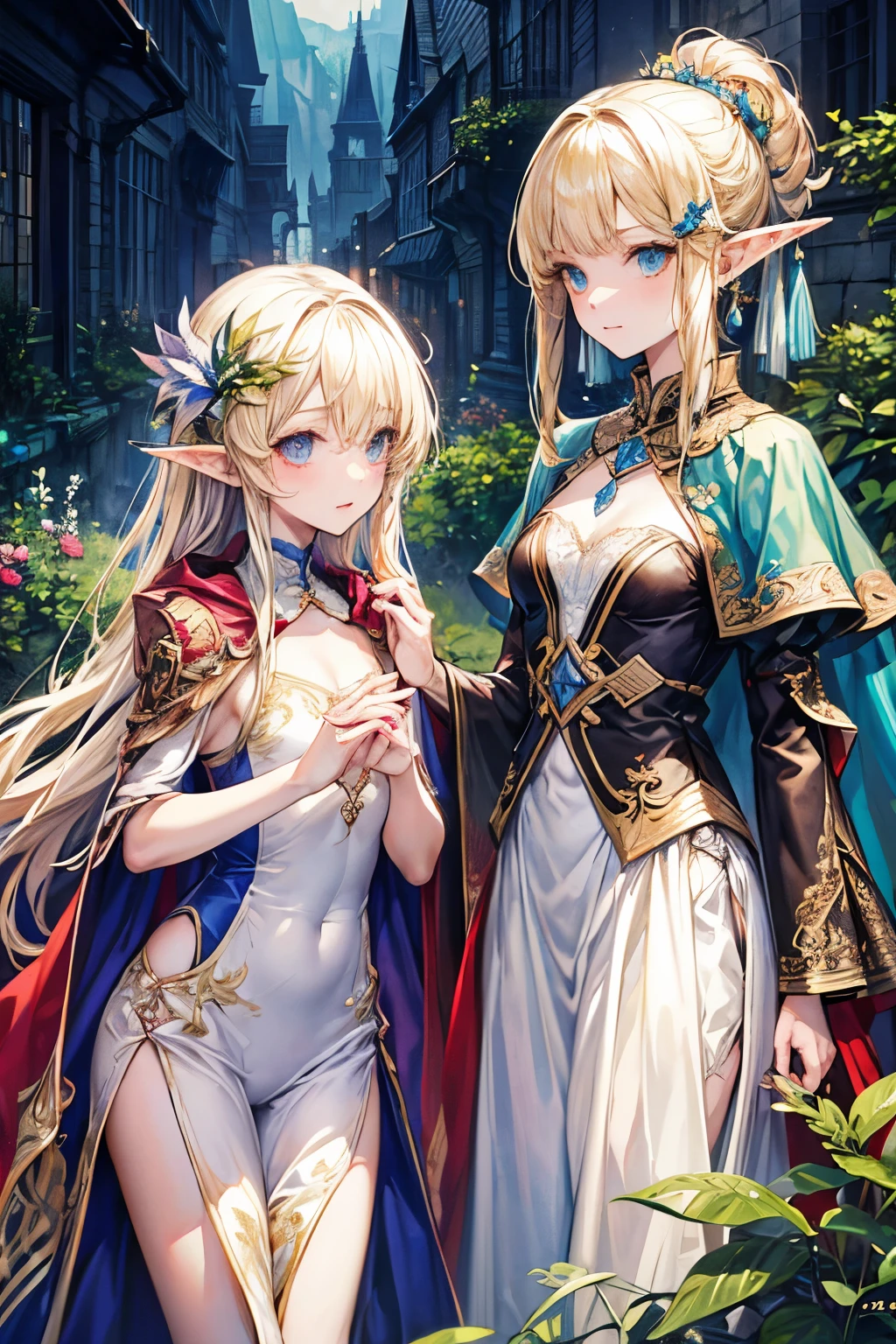Elf、female、Large Breasts、Wizard、holy magic、Aura of Light、White-blonde、森のElfの衣装、森を守るElf、whole body、Stylish、Yellow-green eyes、Create a ball of light