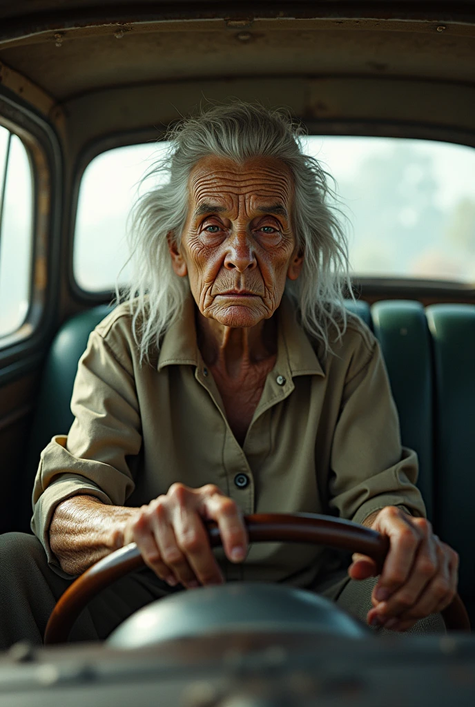 Old white haired busty woman holding shotgun, postapocalypse, outside, overgrown foliage, action pose, wide angle, photograph, photorealistic