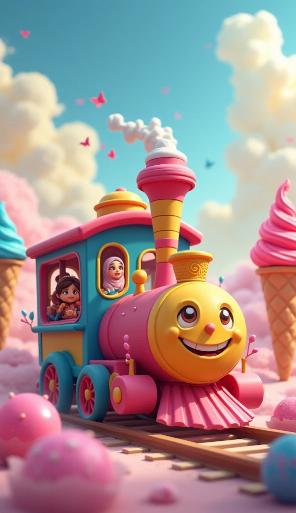 Adorable male gender train with ice cream decoration in vibrant blue and pink tones and with a black and purple background degraded to each other and with a man serving ice cream to boys and girls
