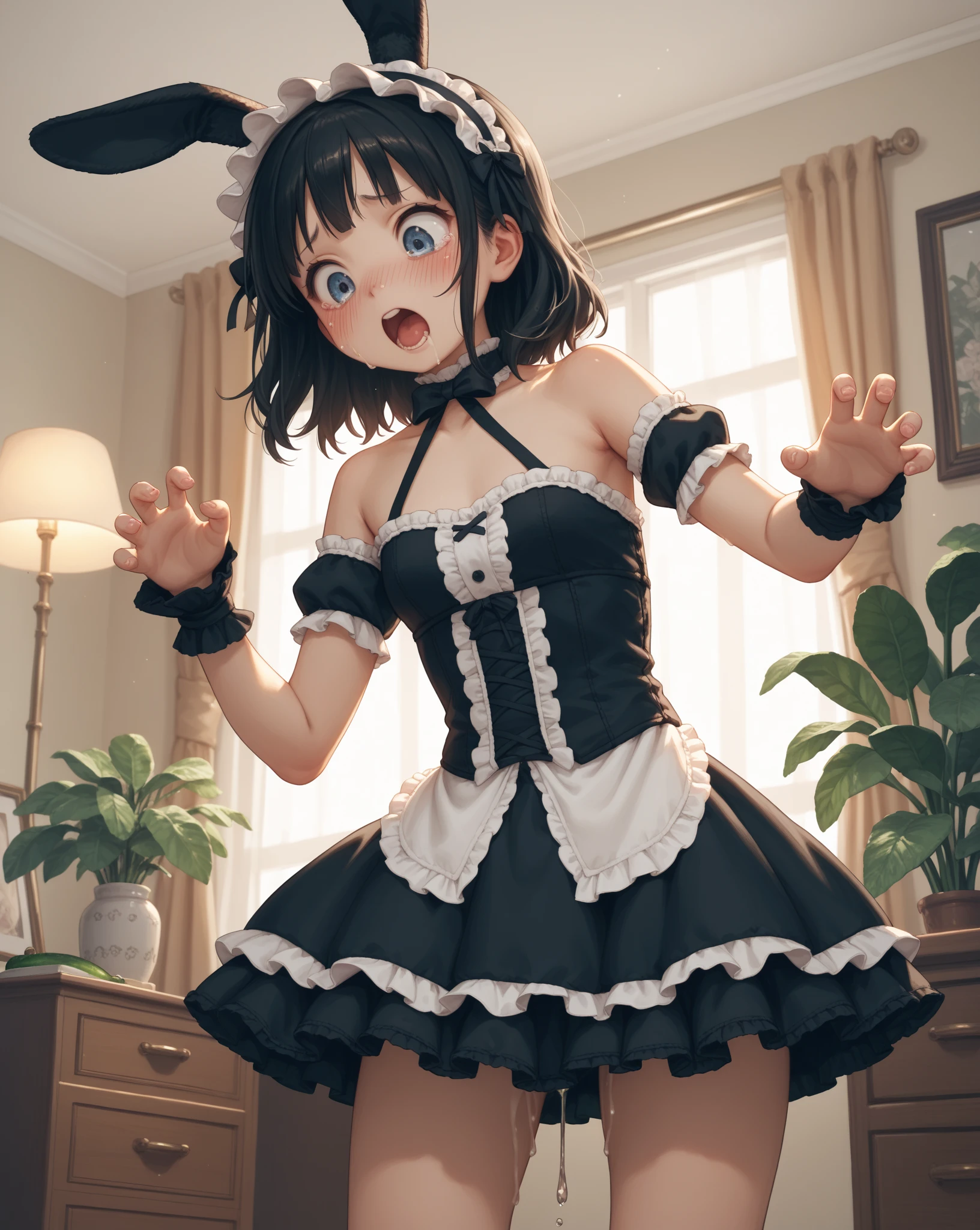 masterpiece, 最high quality, high quality, High precision,Highly detailed 8K wallpaper,NSFW、love love、Lollimade、A look that makes you want to impregnate her、Pick up the skirt、archive、Working、cute face、(Transparent maid clothes:0.8)、Jobs、transformation、(extreme sensitivity increase:1.8)、(Scrounge、cosset)、No correction、、Slender、skinny、little ???、(My eyes are blurry)、Greedy、(No underwear)、cute nipples、small breasts、(Waist shaking back and forth:1.3)、(The face of a maiden in love:1,2)、(Holding a tray with a tea set on it)、(open your mouth、Small fangs)、(girl、小daughter、delicate、fox ears、fox tail、black hair、Braid、slimming、beautiful belly、cute pants)、(short girl、daughter、Niece)、(smile、happy face、sense of security)、from below the camera、whole body、