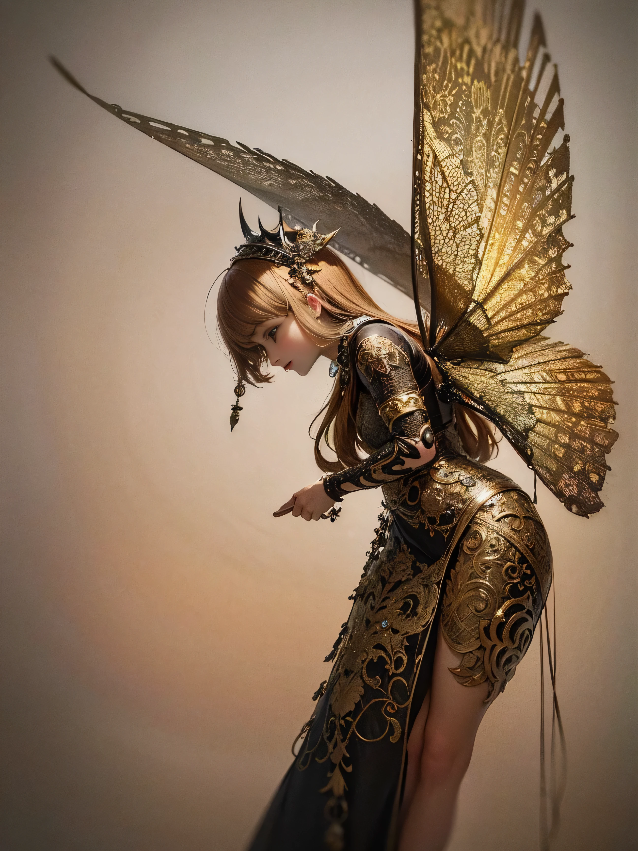 (full body shot with legs and feet, back view ) beautiful cyborg with brown hair, intricate, elegant, highly detailed, majestic, digital photography, art by artgerm and ruan jia and greg rutkowski surreal painting gold butterfly filigree, broken gsterpiece, sidelighting, finely detailed beautiful nightmare:1.2), hdr, god rays, ray tracing, Realism, best quality, 16k, highres, textured skin, super detail, cowboy shot