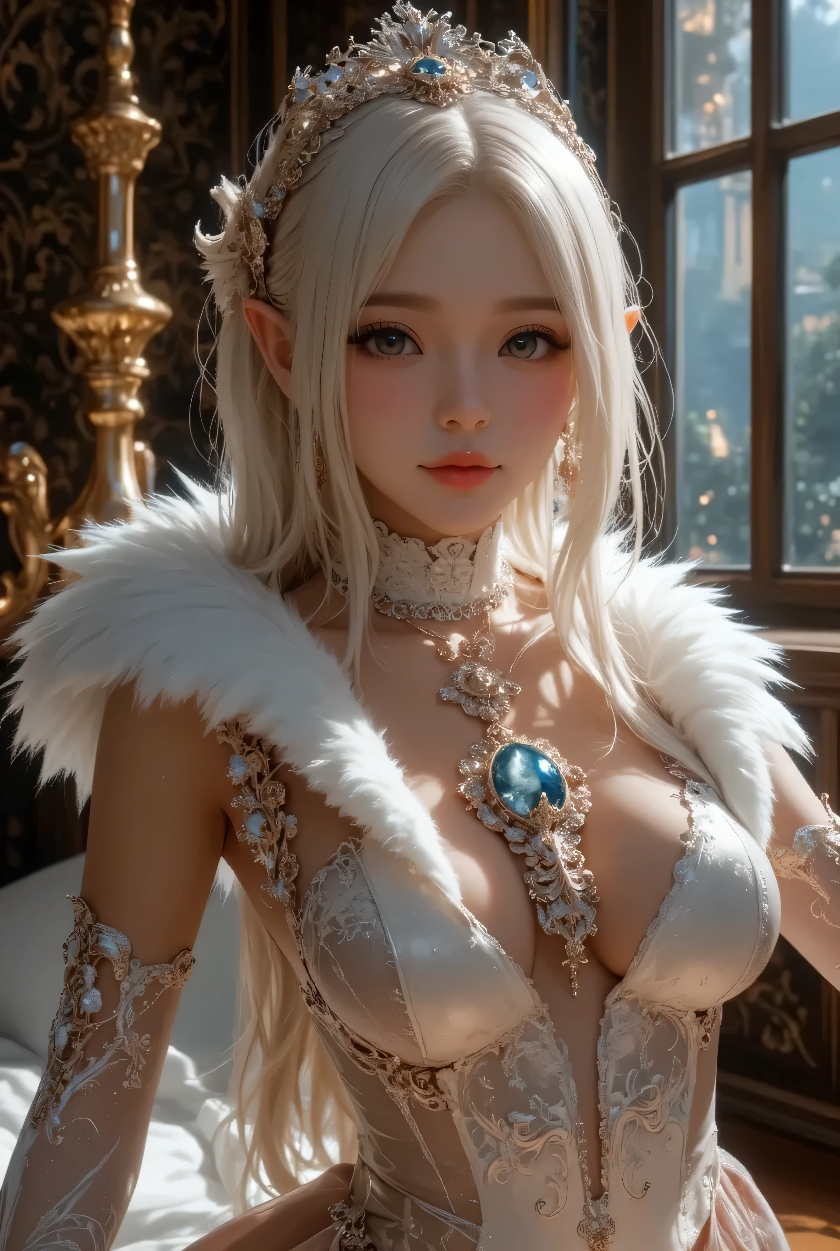 Ultra-detailed complex 3D rendering of the face, (masterpiece, top quality, octane rendering,), glamour shots full body image, very beautiful young elves, cleavage, (highly detailed skin: 1.2), (exposure: 1.1), ((blue micro bikini: 1.95)))). , 8k, (((very soft breasts)), (((conspicuous large pink areola)), beautiful Caucasian woman with white skin with full soft breasts with big buttocks, one, long braided hair, big breasts, dynamic angles, (((huge breasts: 2.4)), ultra-realistic photos, ((((((silver hair)))), futuristic urban background, facial muscles, (((((detailed and glamorous silver crown)))), In the style of Marvel Comics, ArtStation Trends, Clear Focus, Intricate Details, Very Detailed, Detailed Green Eyes, Sharp Focus, Digital Rendering, Professional, Abs, Lip Gloss, Glossy Skin, Sexy Pose, Golden Tattoo All Over Body, Silver Pattern All Over Body, Silver Lame Skin, Gold Glitter Skin, Mansuji, Buttocks, Jeweled All Over the Body, with silver scales, silver hair,