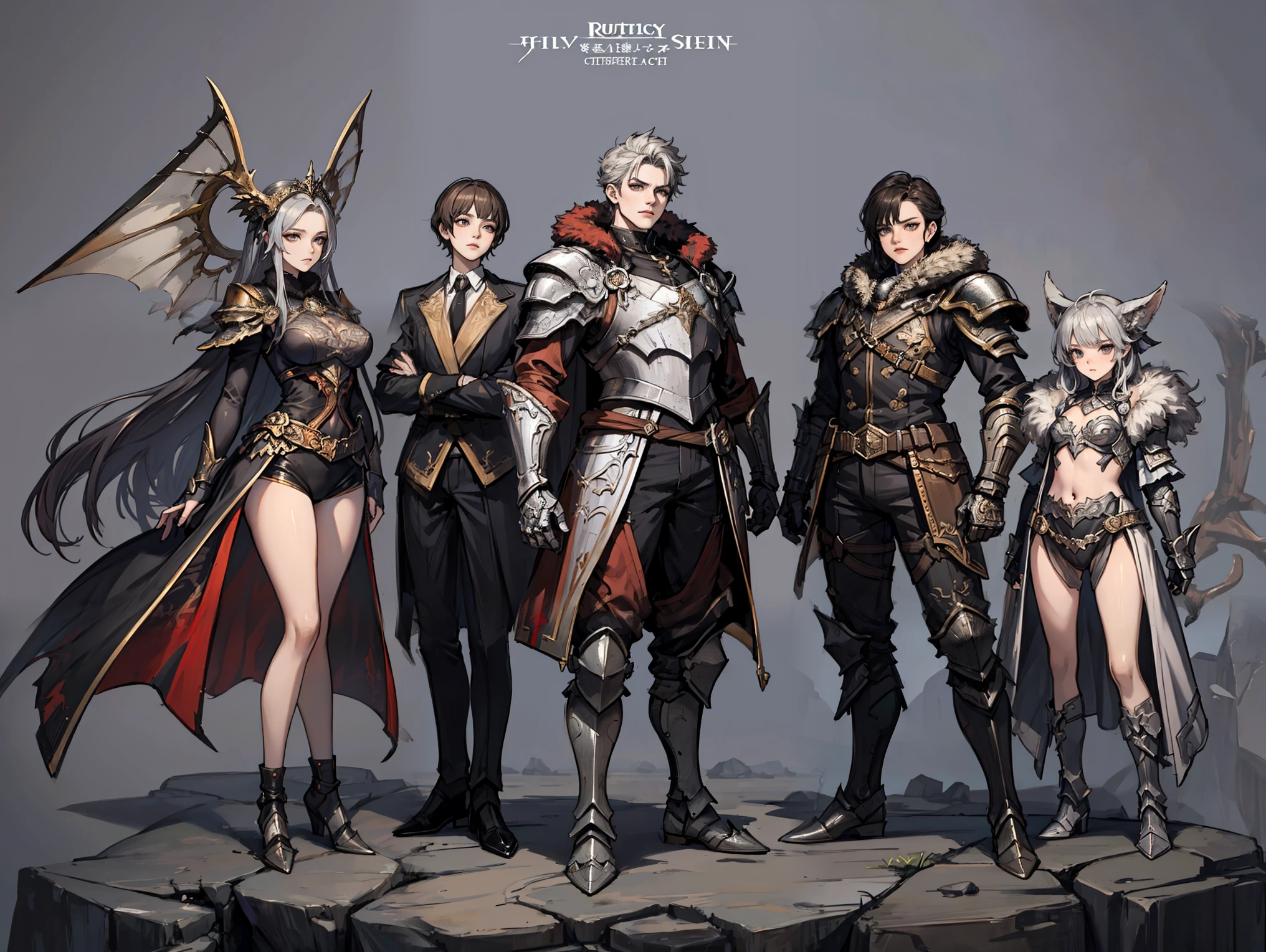 three unique protagonists in an outside rocks environment different calm poses, fantasy themed art and background, gang like pose, character selection like, elegant and intimidating, detailed full metal armor uncommon outfits, all full-body, characters sheet, cute theme, black and silver colors only