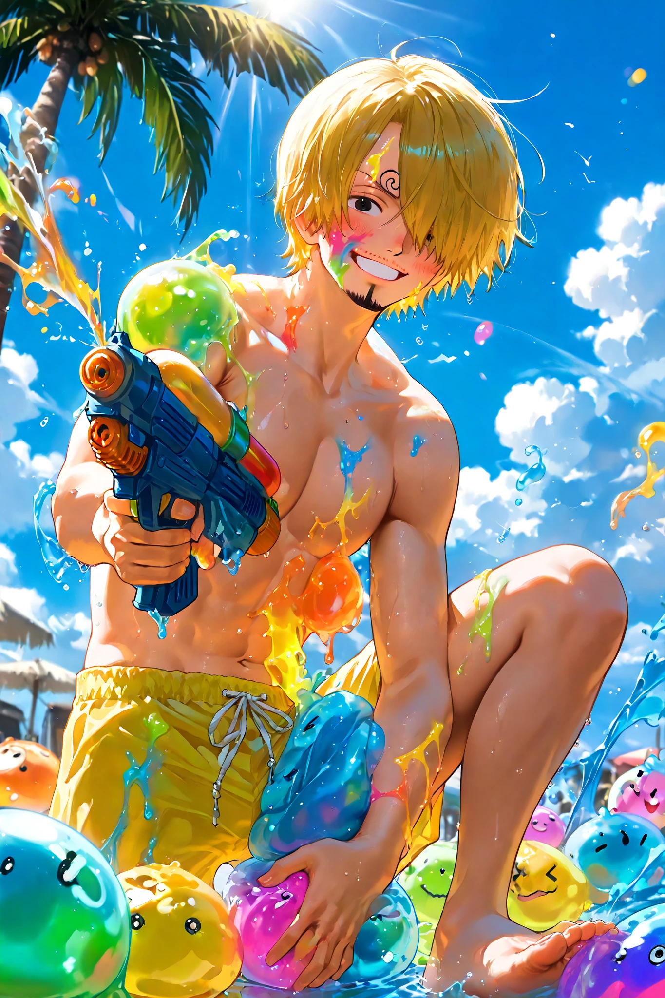 Sanji, (8k, HD), 1 girl, alone, short hair, yellow hair, black eyes, shirtless, yellow summer shorts, pleasant smile, close view, perfect face, beautiful face, at Indian street crowdy, looking at viewer, barefoot, wind, palm trees, clouds, blue sky, (water balloons), (good hands), multicoloured smile, happy, joyful, close view, sunlight falling on her, colours, slime,  ((colours on her body)), ((coverd in slime)), ((holding watergun)), ((colours on her face)), Holi_Style_SDXL, ((Multicolor Smoke)), Multicolor Paint, Multicolor Powder, face coverd with slime, full body