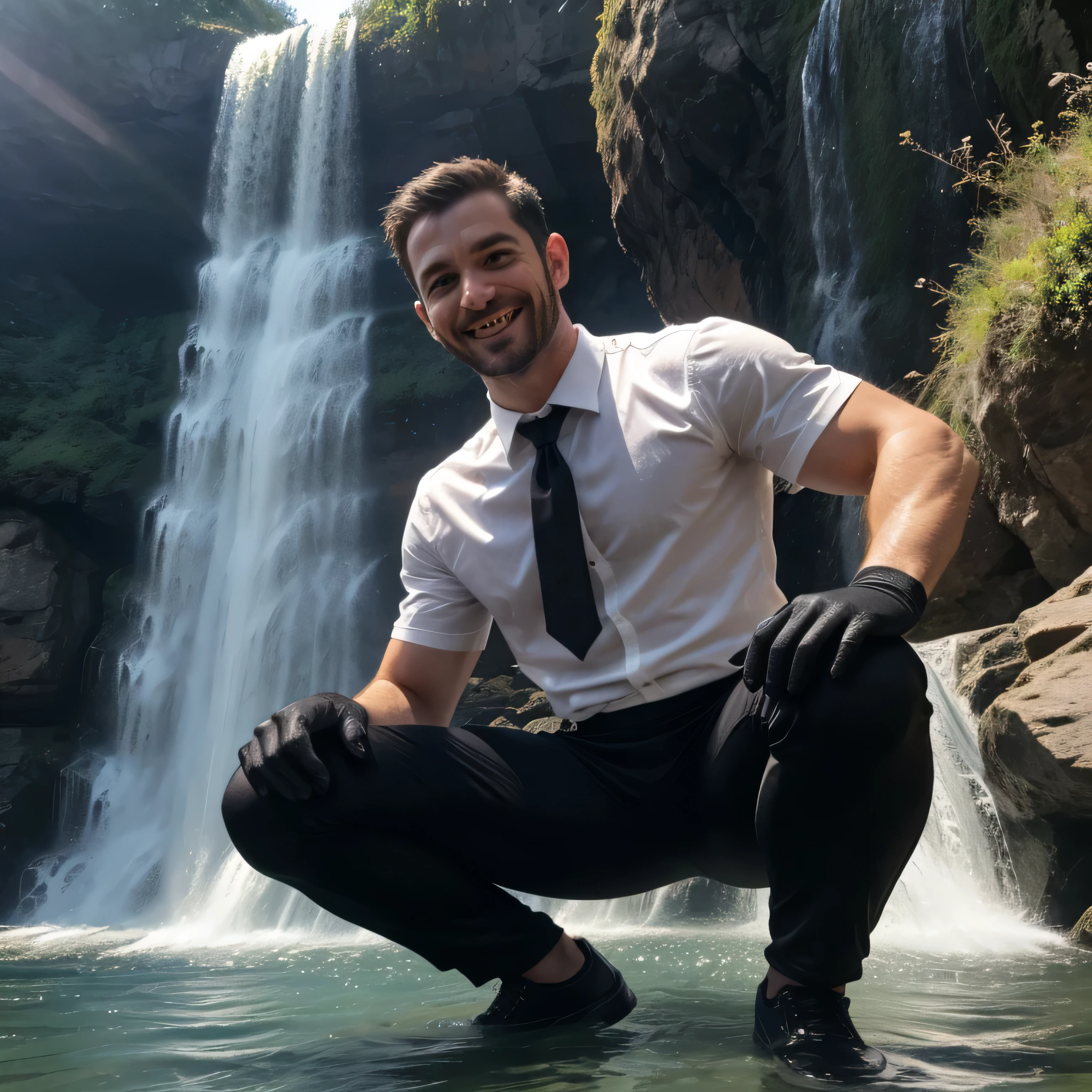 36 years old、handsome guy ,  2 guys,white shirt。black tie、 Gold、Short Hair、Natural short hair perm、sea、waterfall slide　In the water、 as seen from below。　up your upper body 　 Menacing look　　black slim pants looking into the ocean　　 black gloves、　up your upper body　black slim pants　 as seen from below。　up your upper body　 American faces　　black slim pants looking into the ocean　　Dark Stubborn　up your upper body　　Dark Stubborn　Dark Stubborn　camera　Running up　Coming over here 　Crouching Smiling