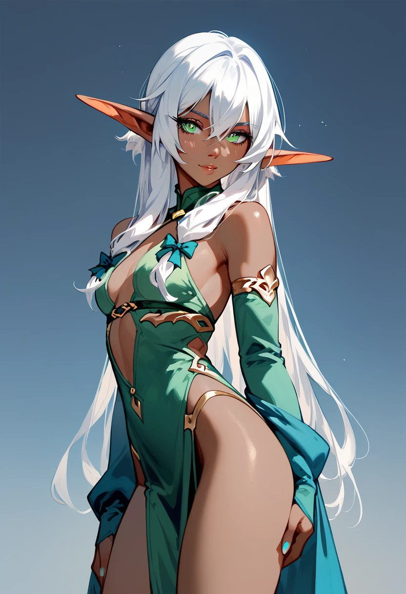 Half elf woman with tan skin and long white hair; light purple eyes, slim figure 