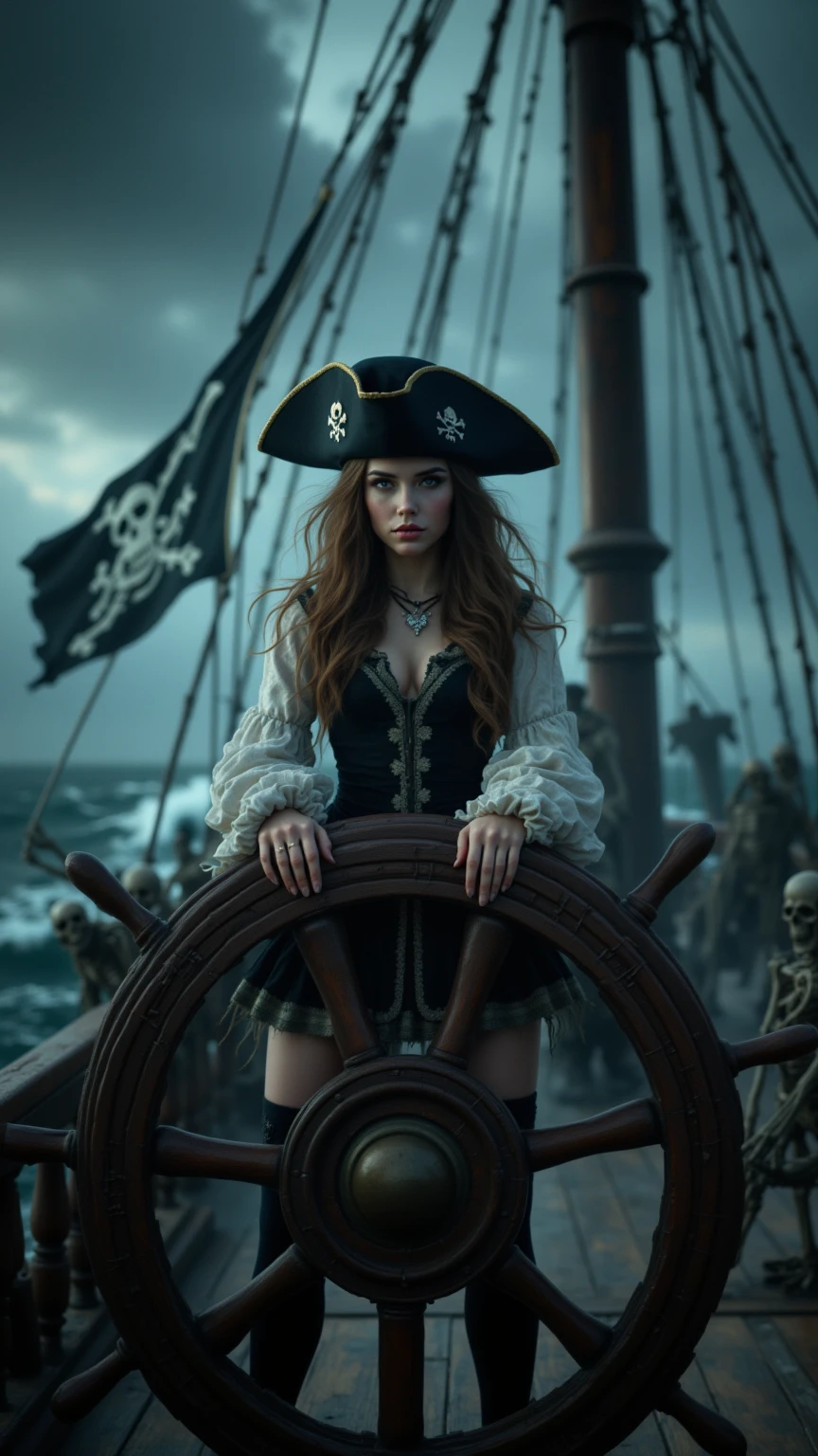 EmilyRchz, snapshot, (photorealistic, meticulously detailed:1.3), close-up, RAW 4k photo, female pirate, scourge of the seven seas, (flamboyant-pirate-outfit, puffy-shirt, decorative-overcoat:1.2), aboard 17th century pirate ship, (piercing-green-eyes, perfect-eyes, orange-hair), perfect shading, artistic composition, volumetric light, bokeh, (masterpiece, best quality:1.4), (the-best-of-the-best-of-everything:1.5), PiratePunkai,