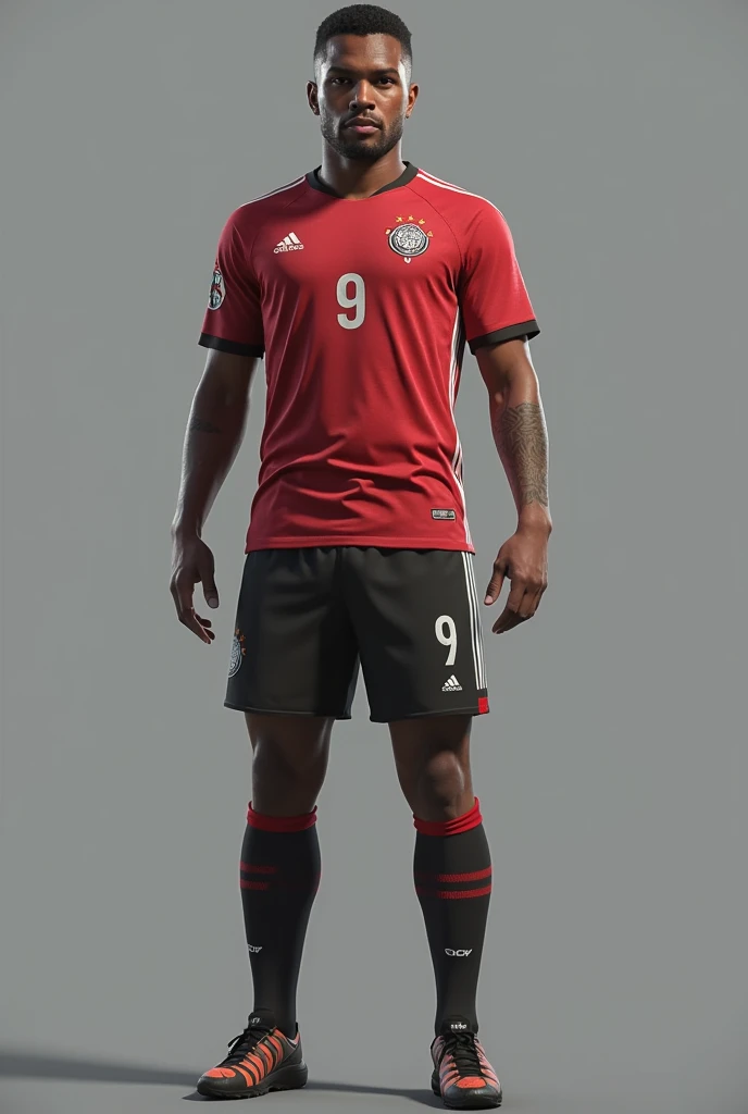 Creative and aggressive goalkeeper uniform of a football team called Delta, whose colors are red with black and gold 360 degree image
