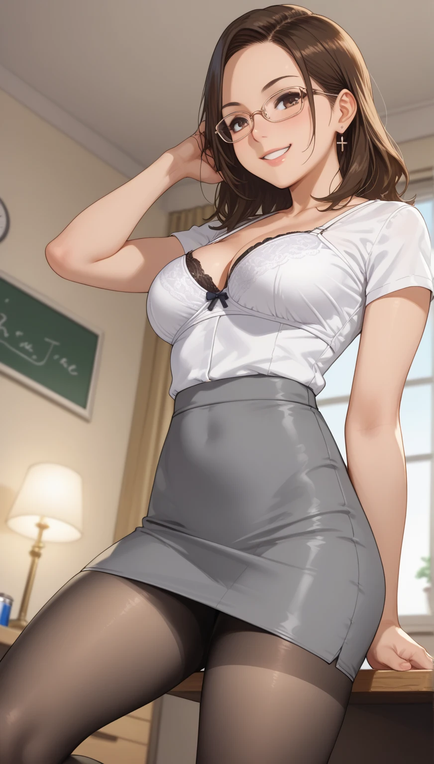((masutepiece, Best Quality, hight resolution, nffsw, Perfect Pixel, 4K, nffsw, nffsw))), 1girl in, Single, Solo, Beautie、full body seen、 ((Medium length wavy hair, Bangs, Brown hair)), ((Brown-eyed, Beautiful eyelashes, Realistic eyes)), ((Detailed face, Blushing:1.2)), ((Smooth texture:0.75, Realistic texture:0.65, Photorealistic:1.1, Anime CG style)), medium breasts, Dynamic Angle, Perfect body, ((School uniform, White shirt, Black skirt, Unbuttoned shirt、(no-bra)、plaid skirts、I'm not wearing shoes、White Sox)), Classrooms without people、Sit on a desk、Lower'I took my foot off the desk..............................、Very embarrassing panic smile、(Lift the skirt with your right hand、opens legs、Open knee-lou and black floral lace panties)、、(Cute floral bra)、Angle from below