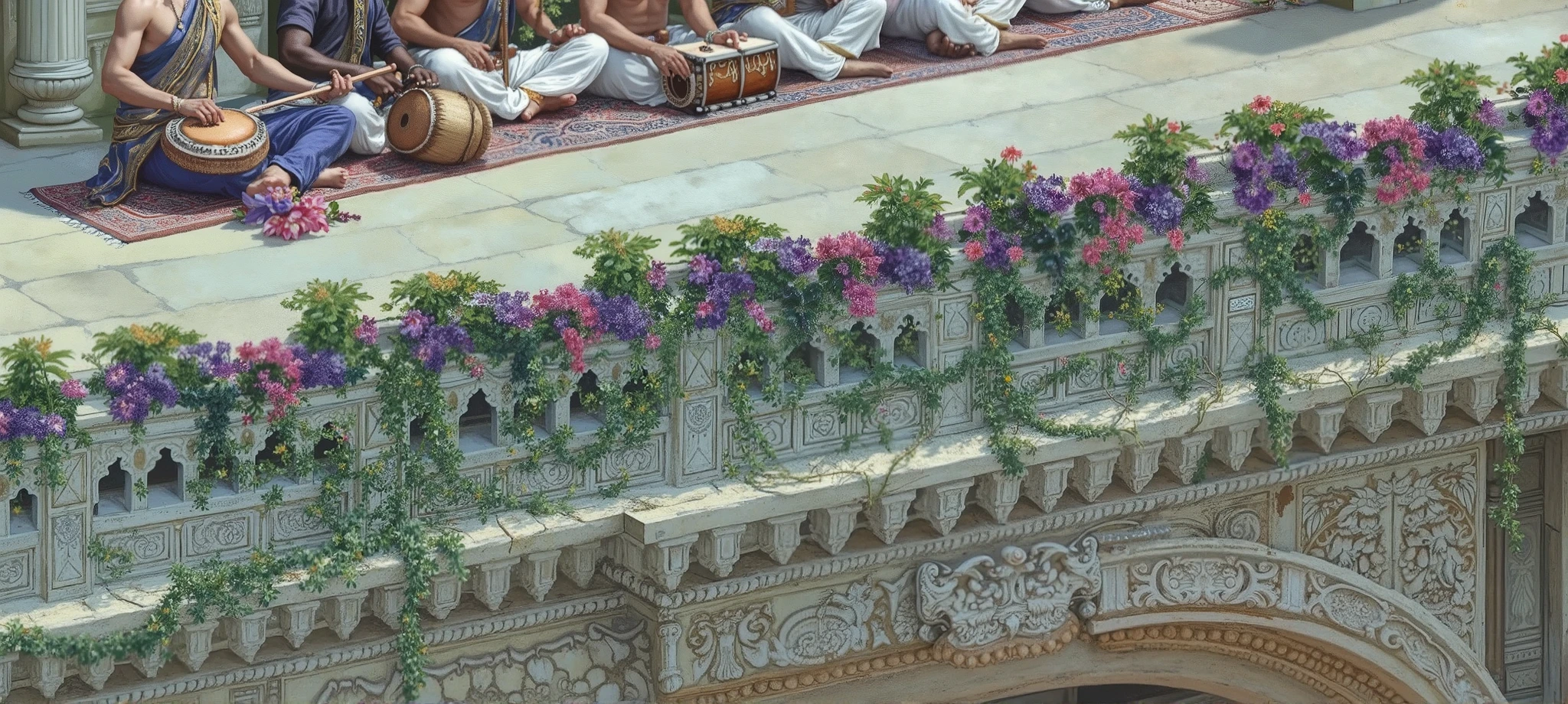 A magnificent classical oil painting, inspired by Renaissance artistry and Indian miniature detailing, depicting a grand royal terrace in an ancient South Indian palace bathed in golden sunlight. The palace, an architectural masterpiece, is adorned with intricately carved ivory sandstone pillars, elaborate floral motifs, and arched balconies, draped in lush cascades of vibrant bougainvillea, morning glory, and sacred jasmine vines. At the heart of this scene, a group of elegant, bare-chested royal musicians sits cross-legged on a richly woven Persian carpet, engaged in a divine symphony. They are adorned with opulent gold jewelry, intricate armbands, and sacred tilaks marking their foreheads, exuding both devotion and artistic mastery. Each musician is captured in a moment of deep concentration, their hands skillfully plucking strings, striking drums, and creating melodies on ancient instruments. A strikingly beautiful veena player, his dark skin glowing in the soft sunlight, plucks the golden strings of his instrument with precision, his fingers dancing over the polished wooden surface in a moment of divine rapture. Beside him, tabla and mridangam players, with toned physiques, synchronize their beats, their rhythmic expressions conveying the richness of ancient Indian music. The painting captures the sublime harmony between architecture, music, and nature, with the soft shadows of the carved stone balustrades creating a mesmerizing interplay of light and texture. The flowers in full bloom sway gently in the breeze, while ornate temple doors and distant marble pillars frame the background, whispering of a bygone era where art, music, and royalty flourished in divine unison. Rendered in a hyper-detailed, oil-on-canvas technique, this scene evokes the timeless elegance of classical European portraiture blended with the storytelling depth of ancient Indian art. The composition, rich in warm, golden hues, deep shadows, and the glow of afternoon light, immerses the