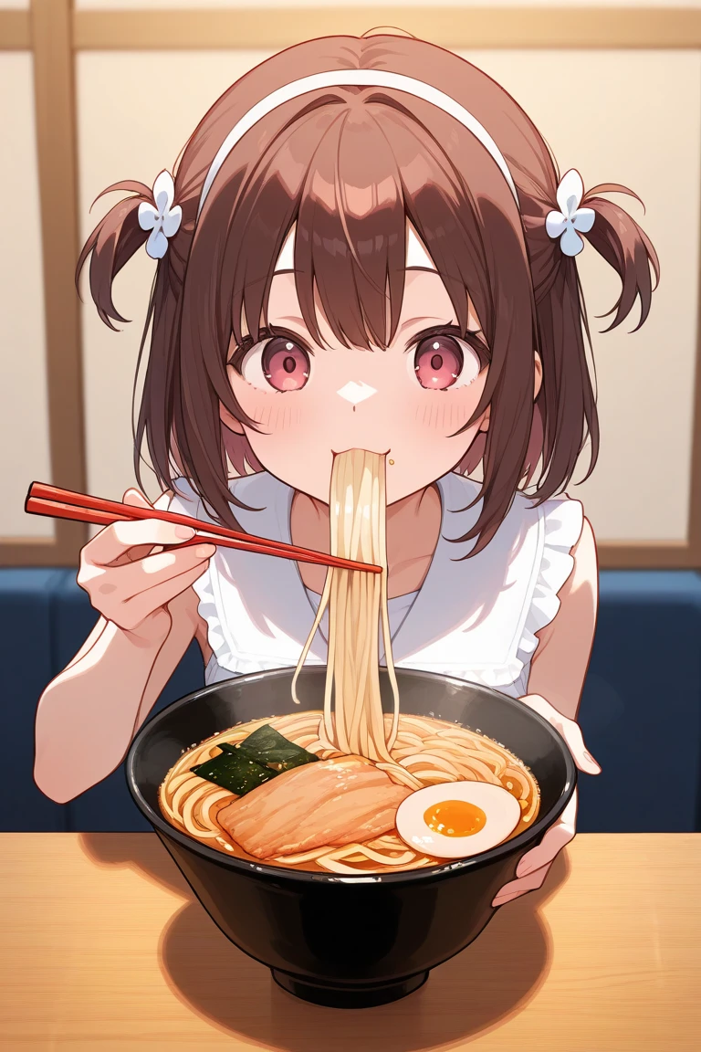 Highest quality、High resolution、Detailed Background、(Beautiful face in every detail:1.4)、10-year-old anime girls、Anatomically correct、Normal number of fingers、Detailed eyes、Highly detailed face、(Huge breasts:1.2)、Perfect body line、Brown Hair、Bobcut、well-groomed eyebrows、Beach House、

(A beautiful girl eating ramen with gusto.:1.5)、very beautiful
